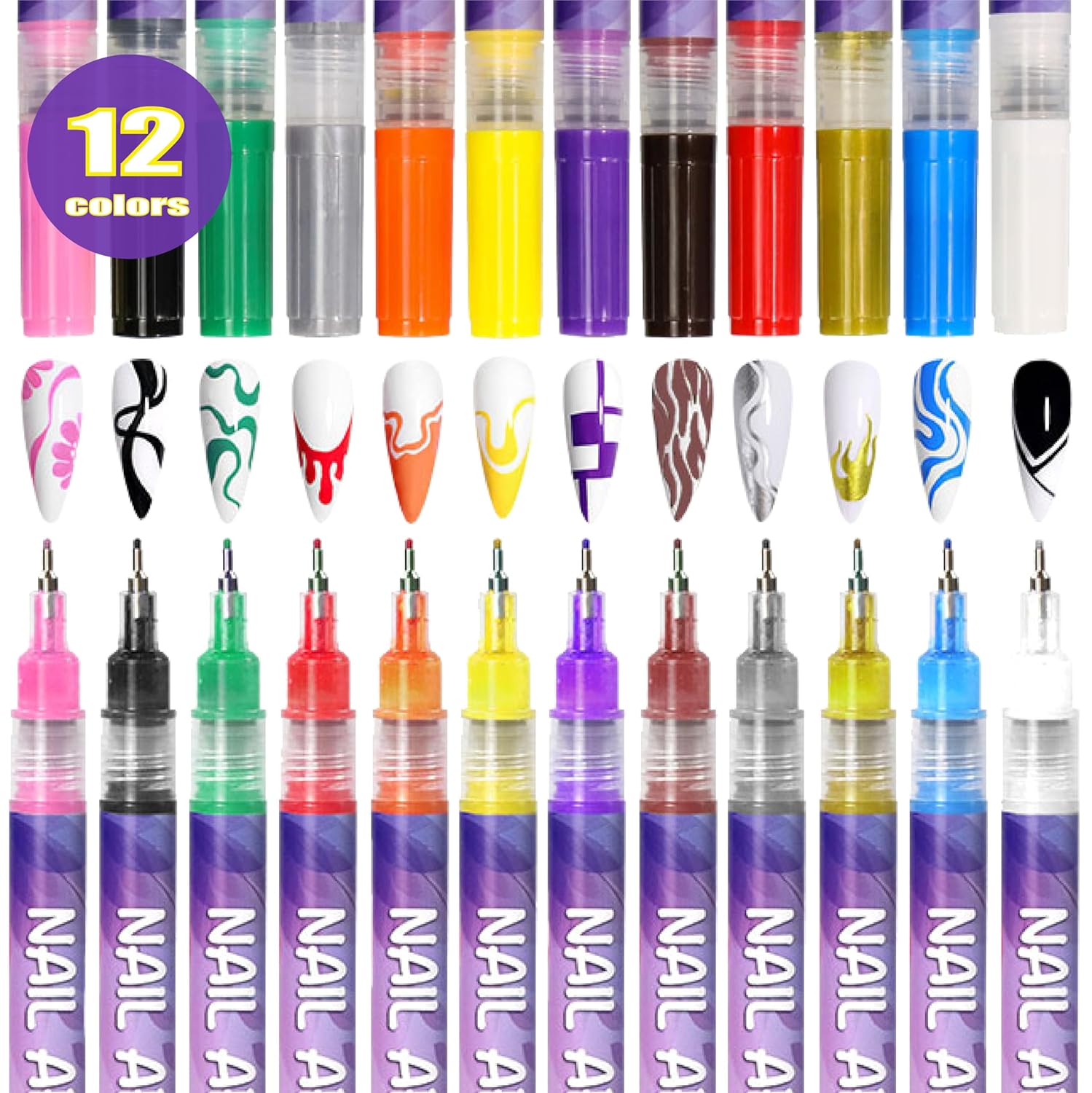 12 Colors Nail Art Pens Set with 0.5mm Fine Tip for Professional Nail Design and DIY Manicure
