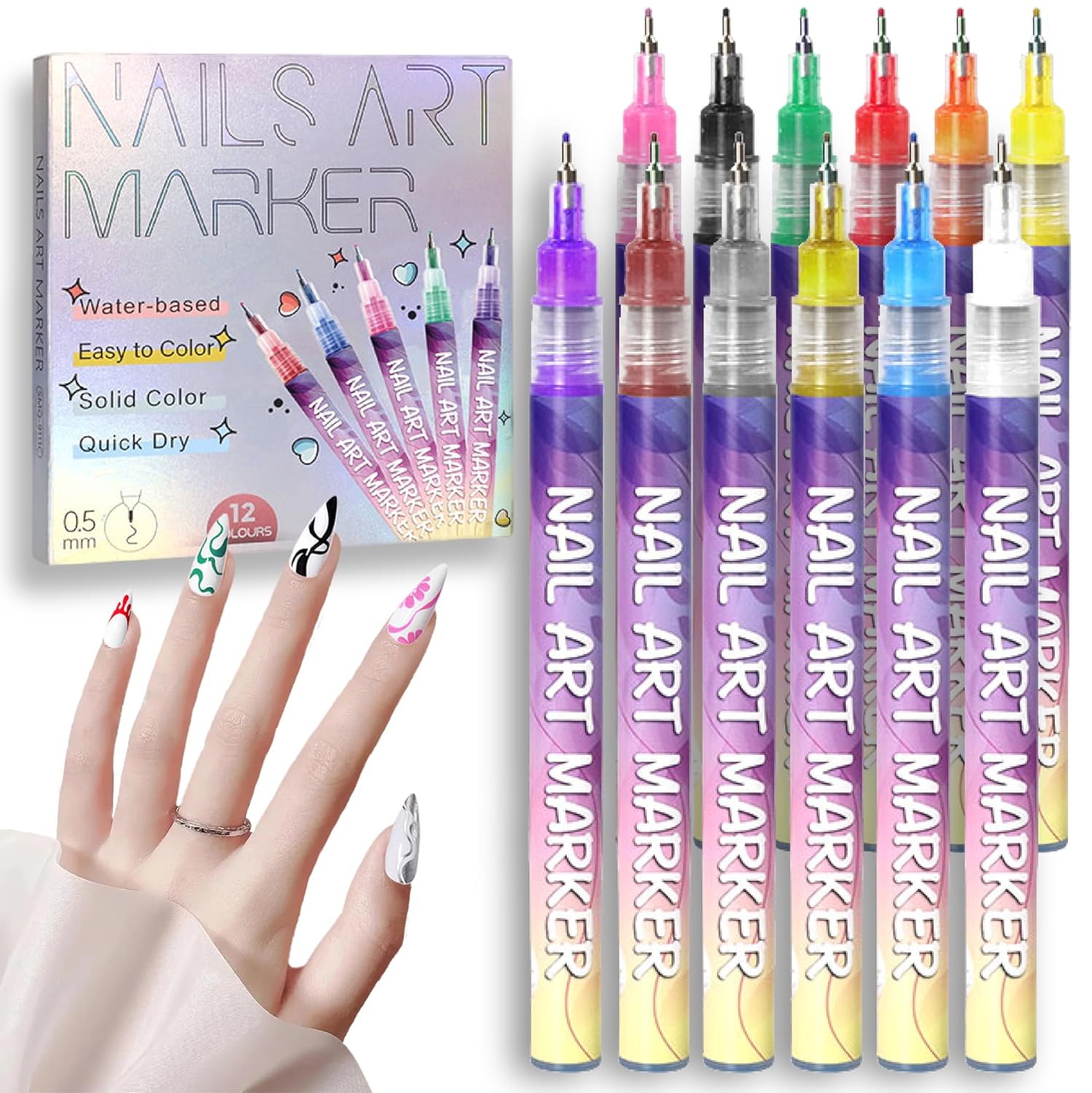 12 Colors Nail Art Pens Set with 0.5mm Fine Tip for Professional Nail Design and DIY Manicure