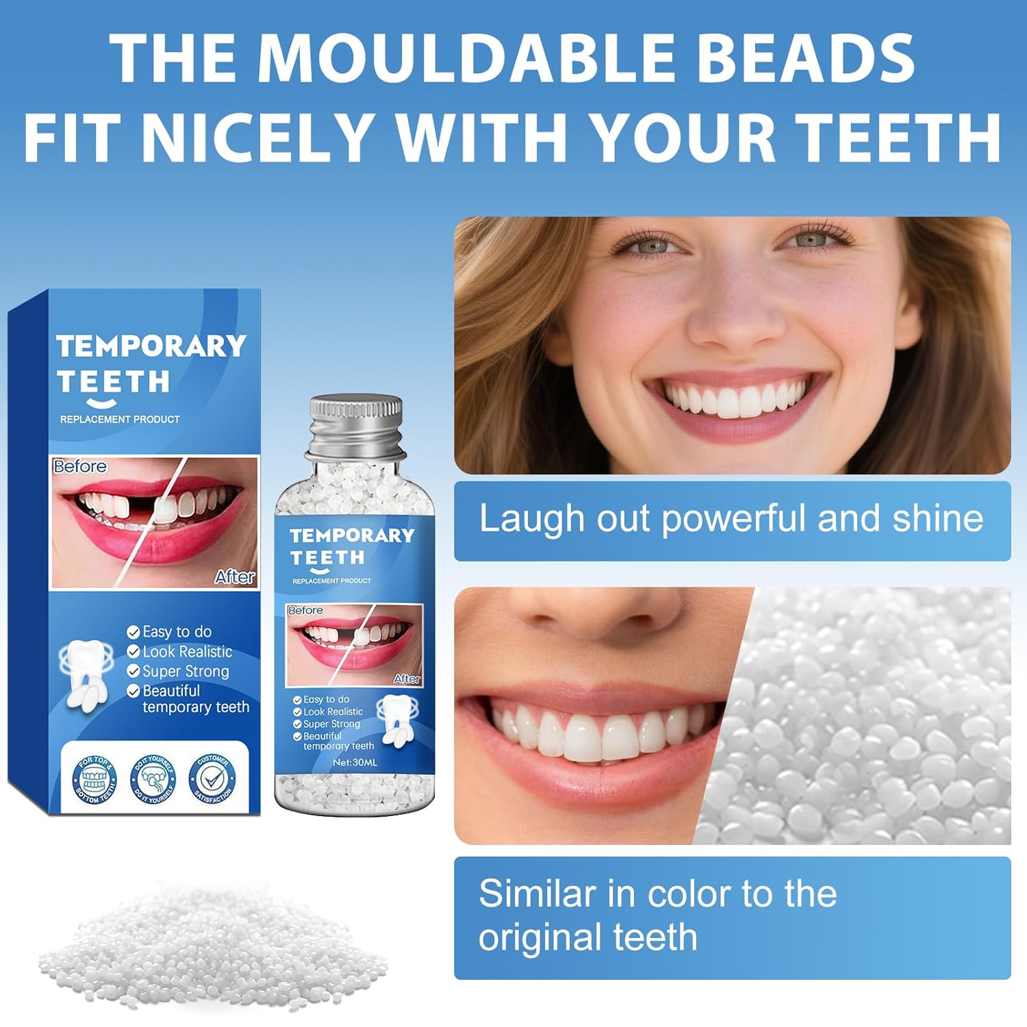 Moldable Teeth Repair Beads for Missing & Cracked Teeth - DIY Dental Restoration Kit