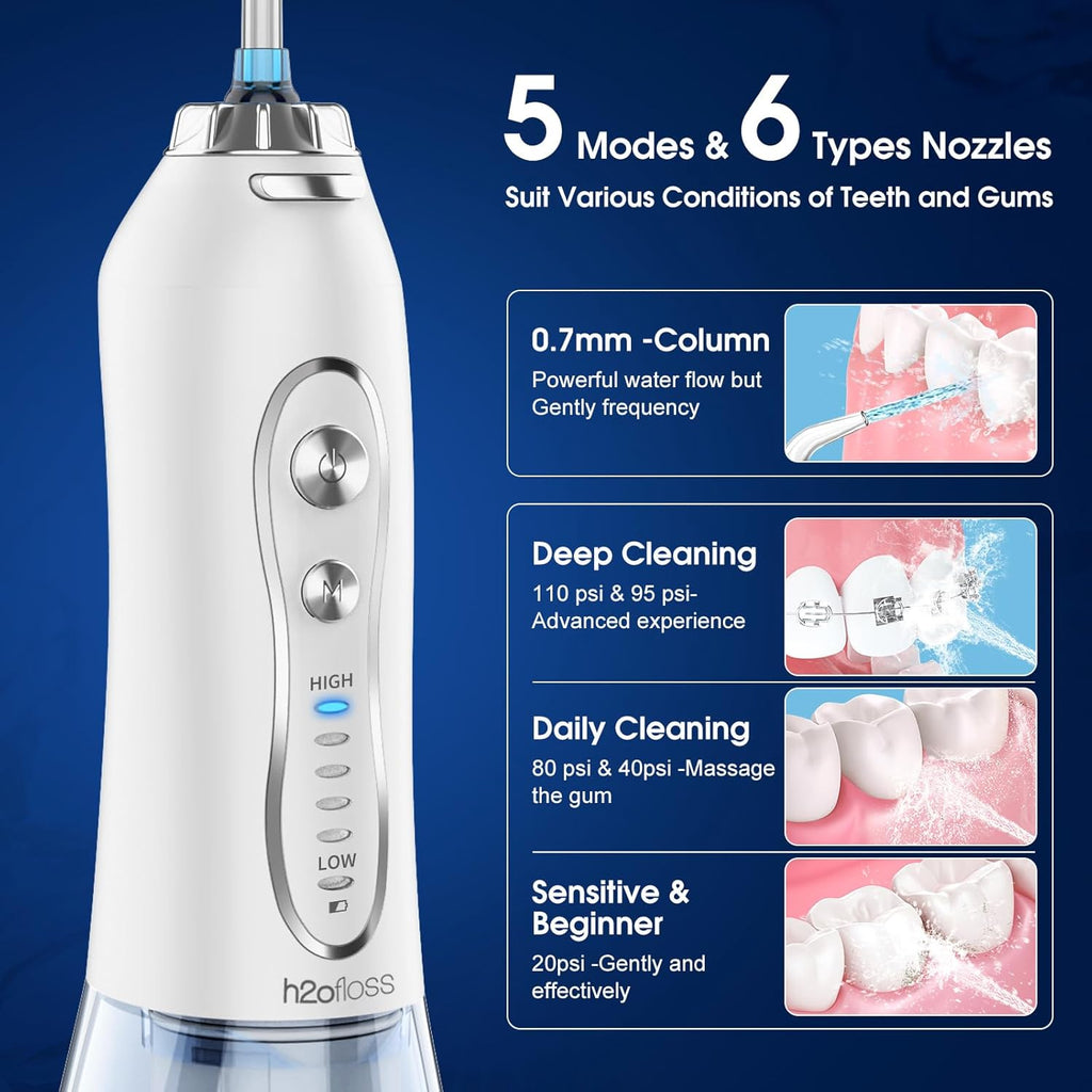 Portable Water Dental Flosser with 5 Modes, 6 Jet Tips, 300ml Detachable Reservoir, IPX7 Waterproof
