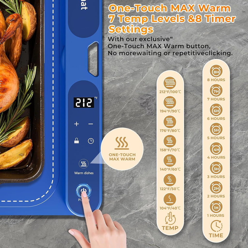 32x15 Inch Electric Silicone Food Warmer Mat with 7 Temp Levels & 8-Hour Timer