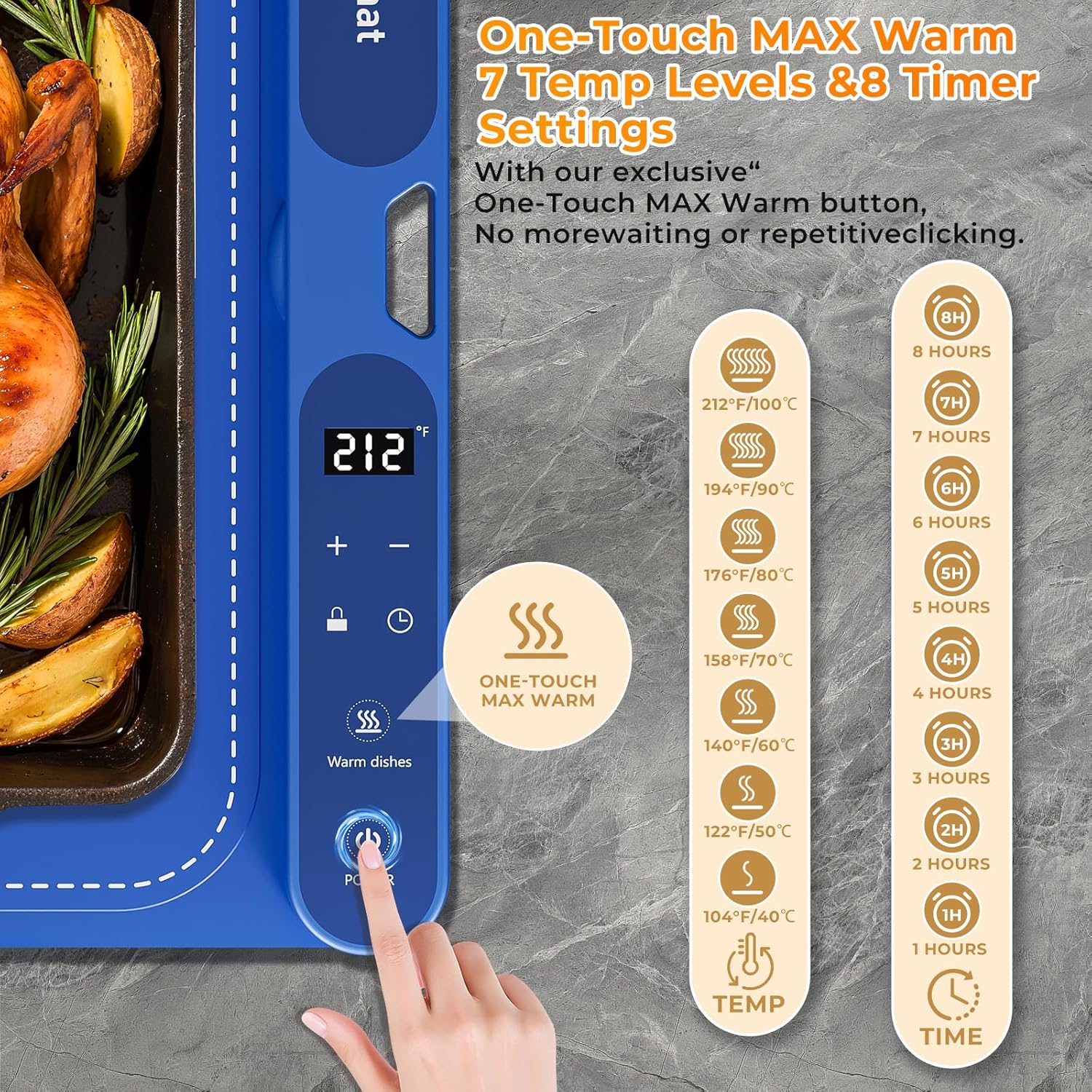 32x15 Inch Electric Silicone Food Warmer Mat with 7 Temp Levels & 8-Hour Timer