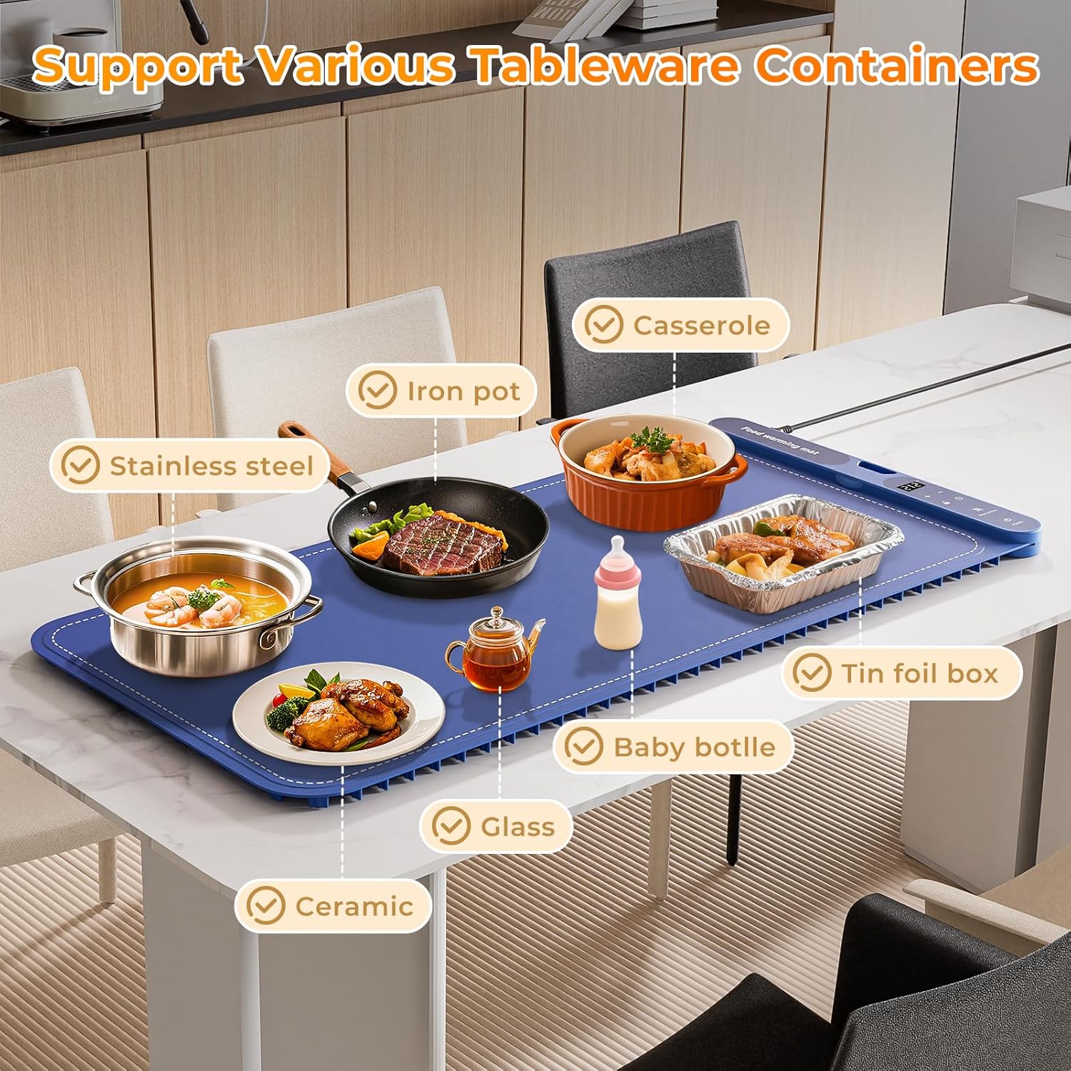 32x15 Inch Electric Silicone Food Warmer Mat with 7 Temp Levels & 8-Hour Timer