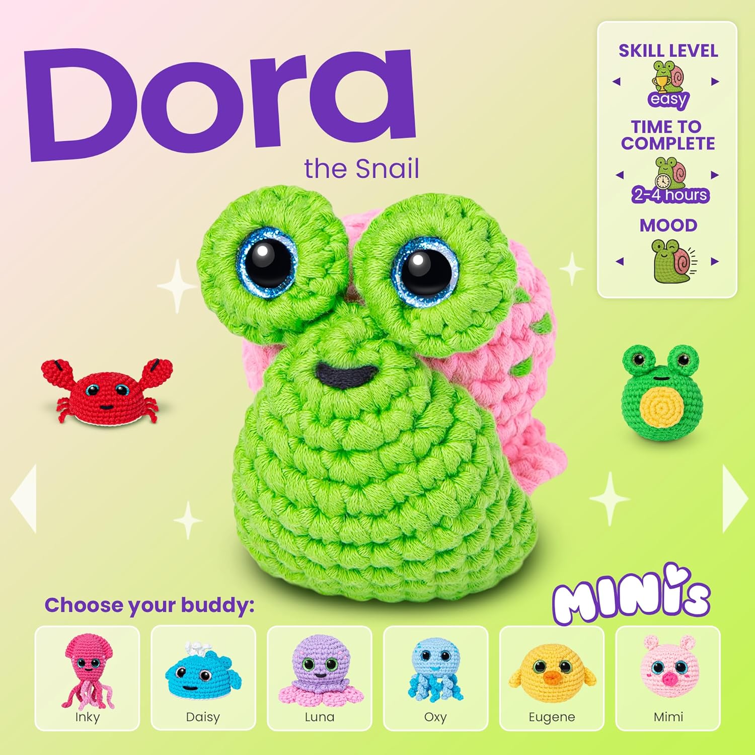 Beginner Crochet Kit: Make Snail Dora Plushie with Video Tutorial & Printed Instructions