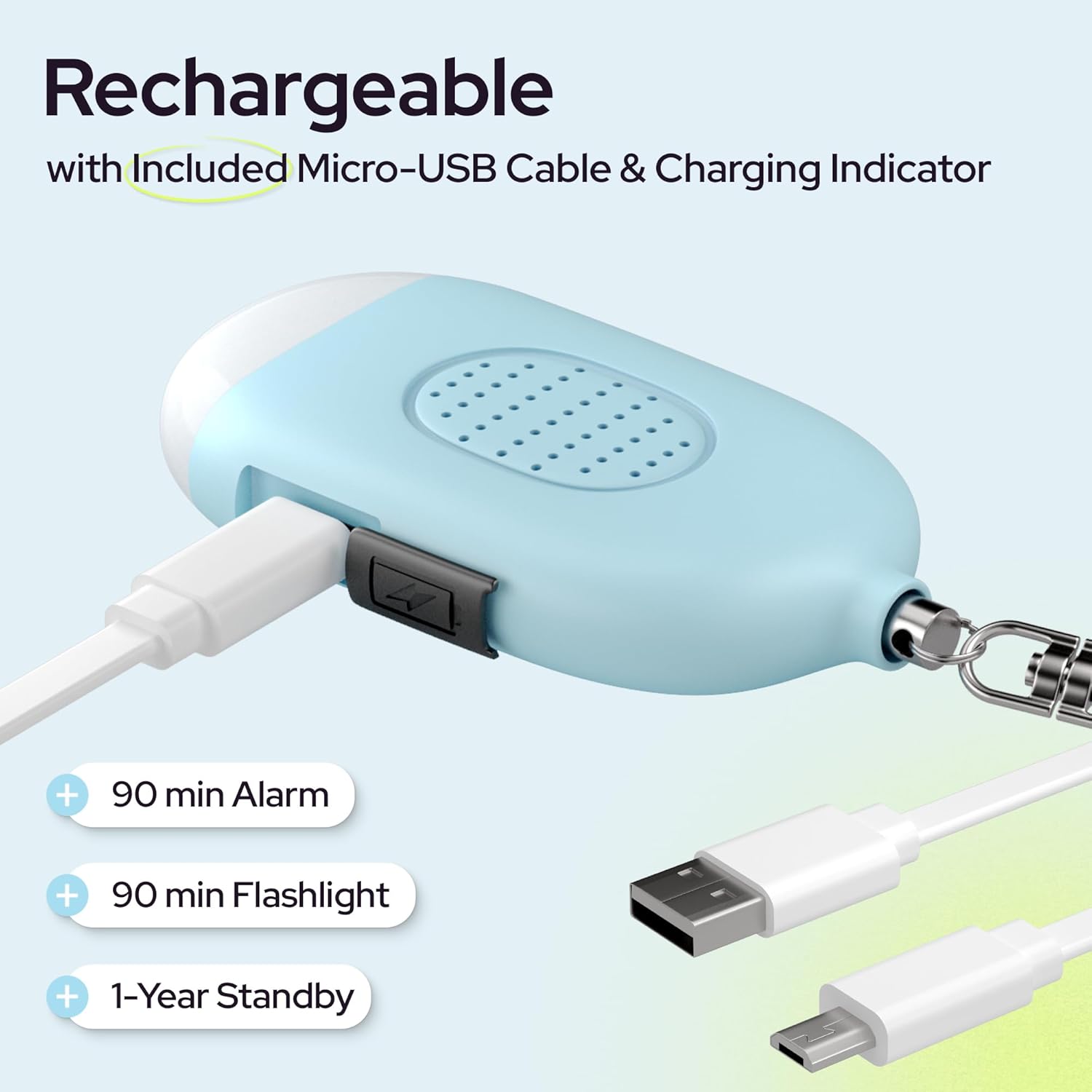 Rechargeable Personal Alarm Keychain - 130dB Siren, LED Light, 3-Pack for Safety