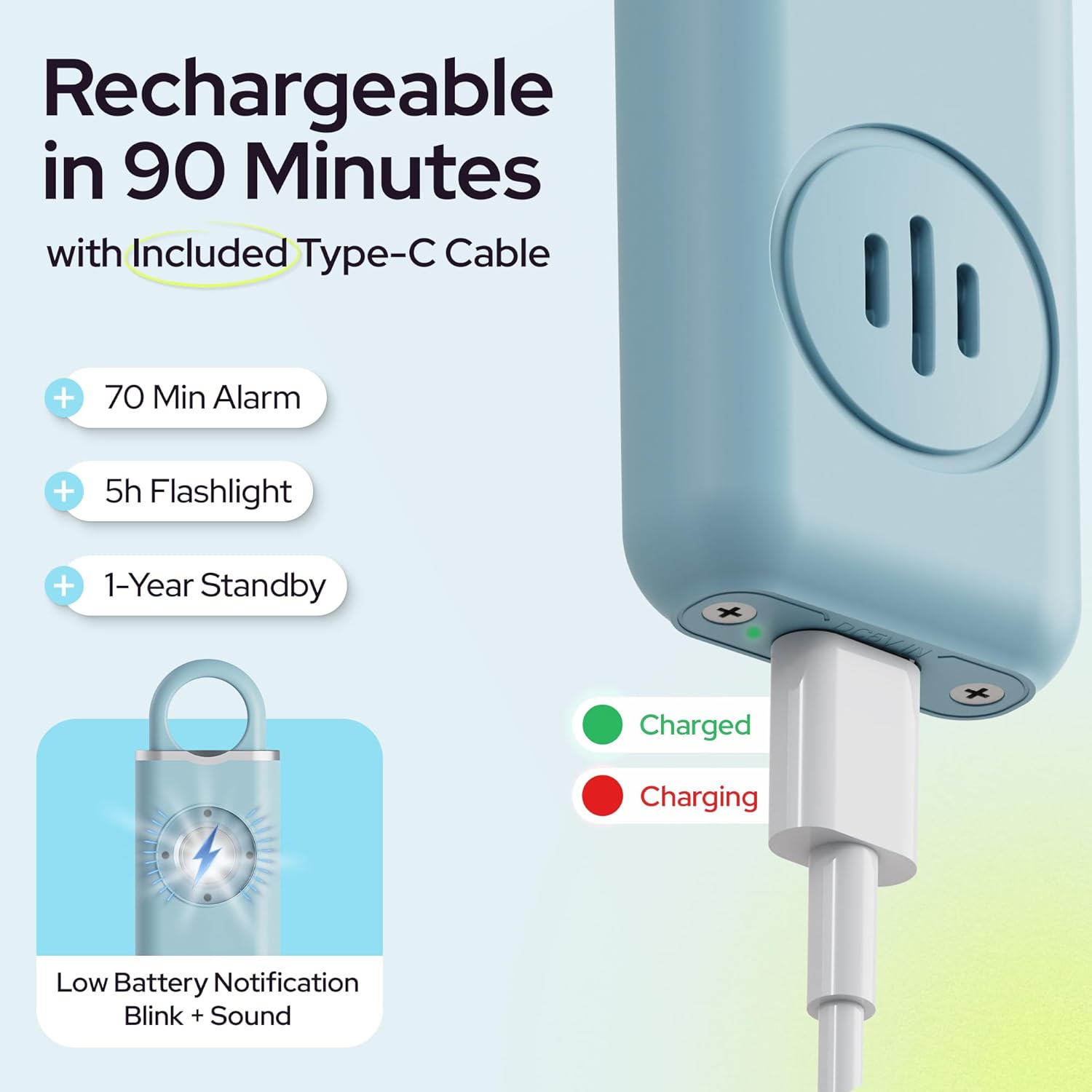 130dB Personal Safety Alarm Keychain 3-Pack with LED Light & USB-C Charging