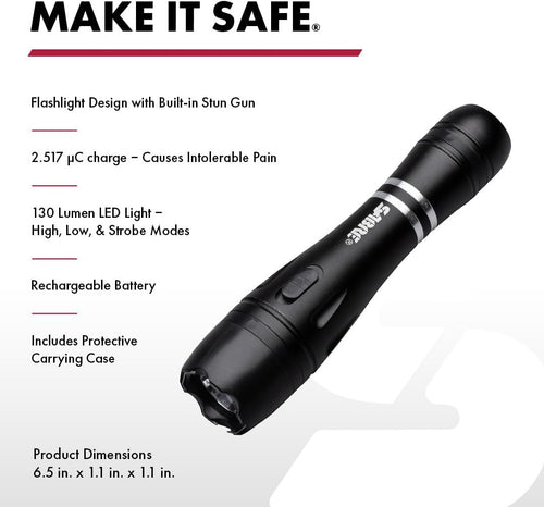 2-in-1 Tactical Stun Gun with LED Flashlight, 2.517 µC Charge, 130 Lumen Light, Rechargeable