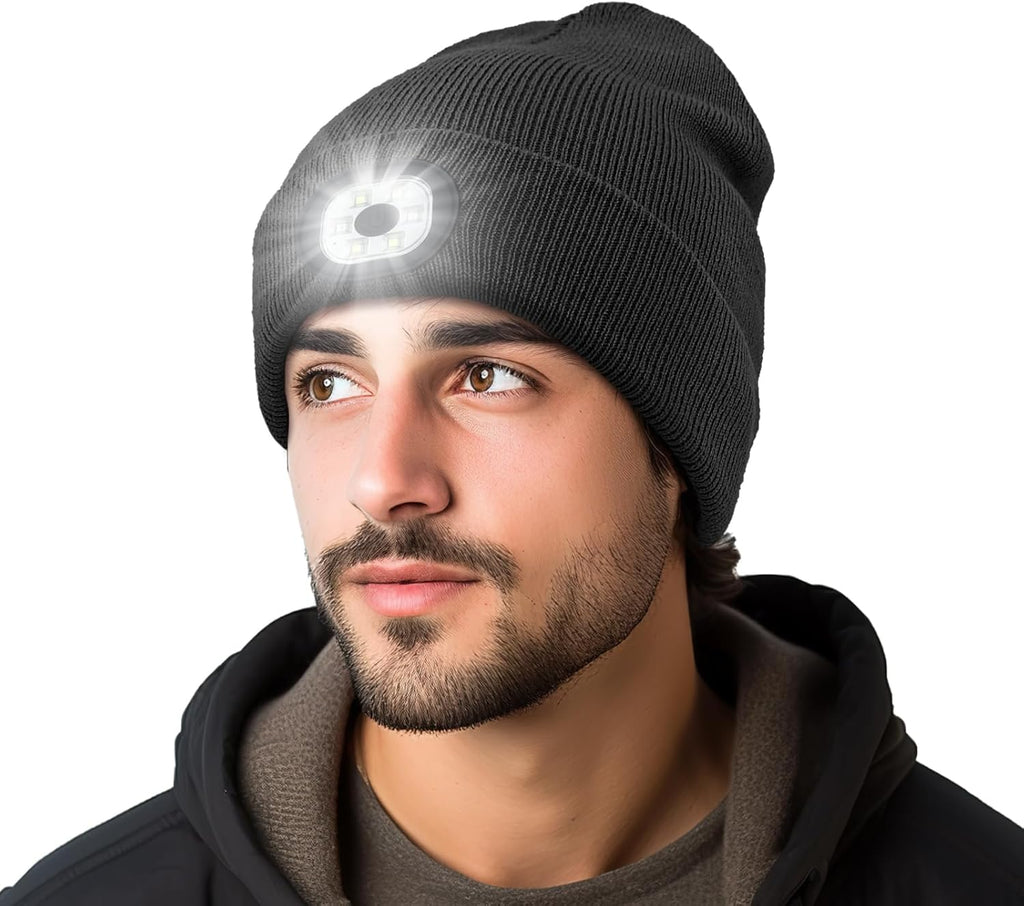 Rechargeable LED Beanie with Headlamp - Winter Hat with 3 Brightness Settings