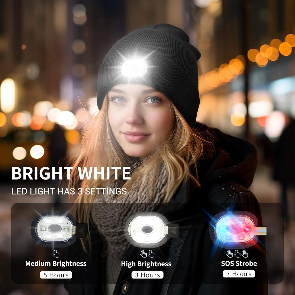 Rechargeable LED Beanie with Headlamp - Winter Hat with 3 Brightness Settings