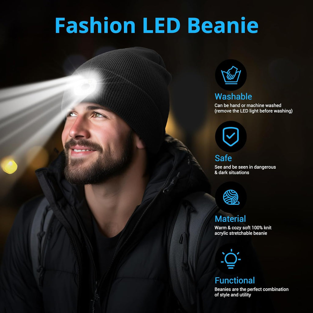 Rechargeable LED Beanie with Headlamp - Winter Hat with 3 Brightness Settings