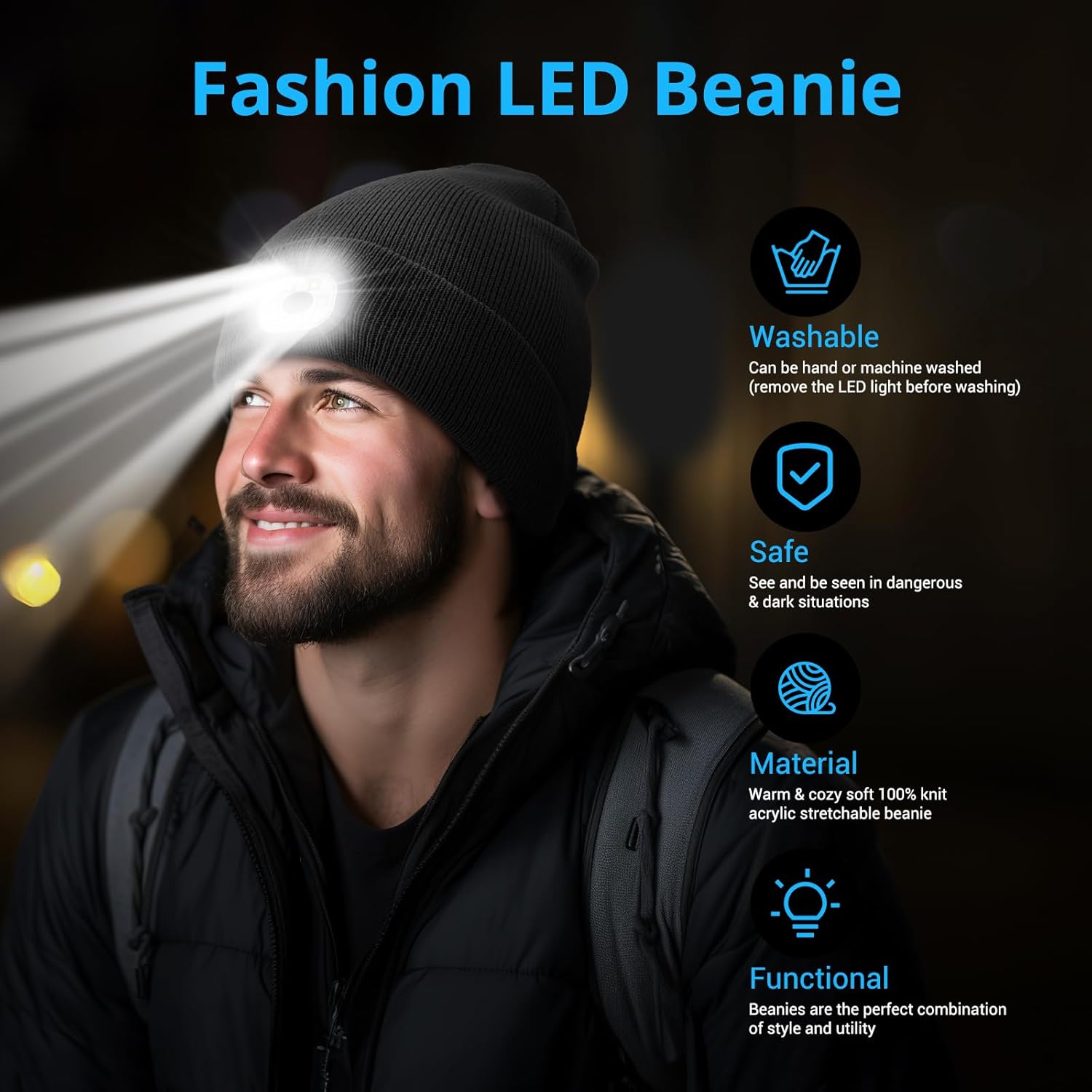 Rechargeable LED Beanie with Headlamp - Winter Hat with 3 Brightness Settings