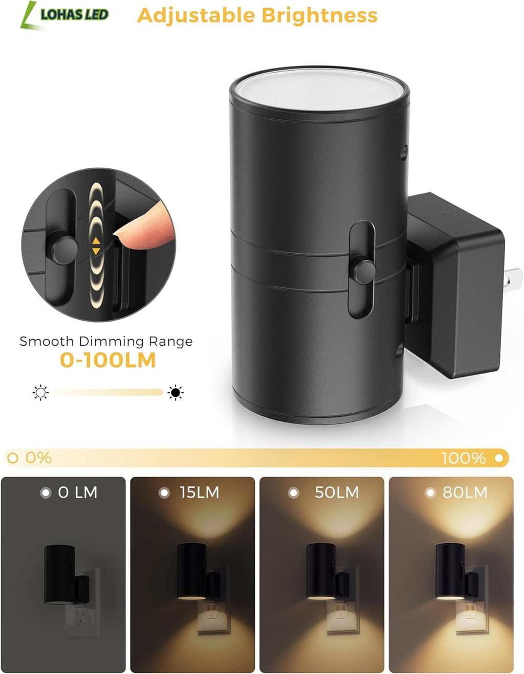 Dimmable LED Night Light with Dusk-to-Dawn Sensor, Adjustable Brightness, Soft White 3000K, 2-Pack