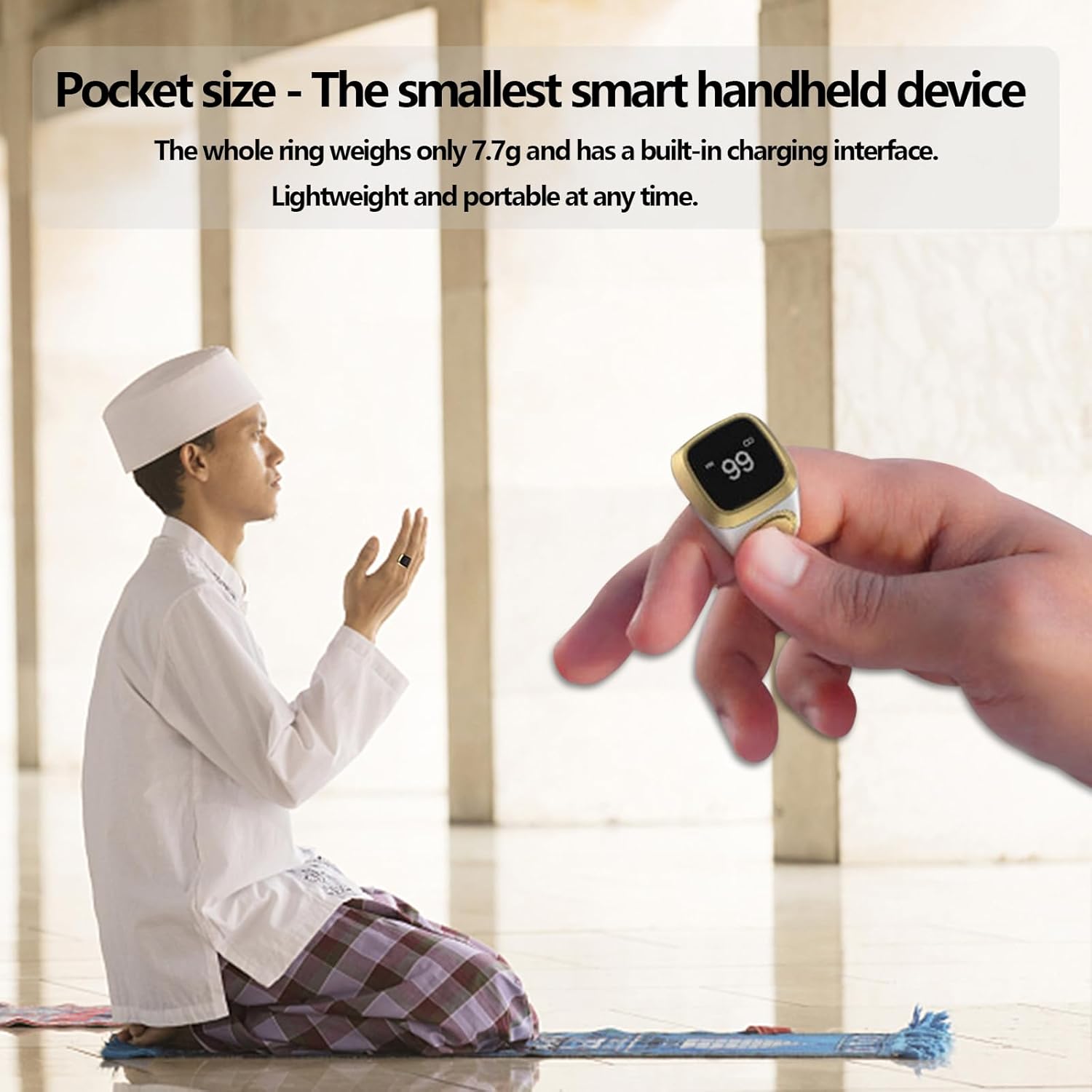 Smart Digital Prayer Ring with Tasbih Counter, Azan Alarm & OLED Display
