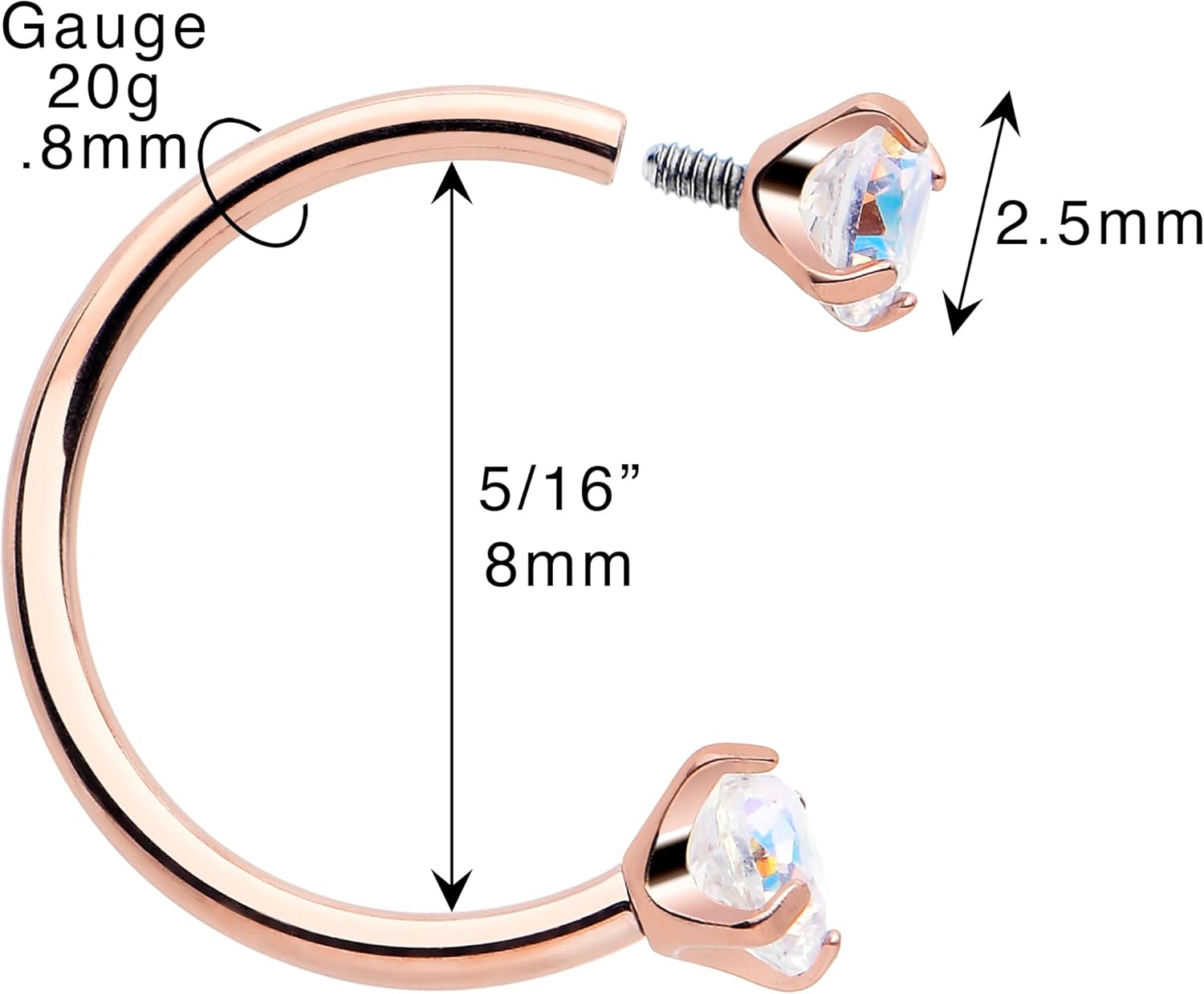 Internally Threaded Titanium Horseshoe Nose Ring with CZ Gems - Hypoallergenic & Lightweight