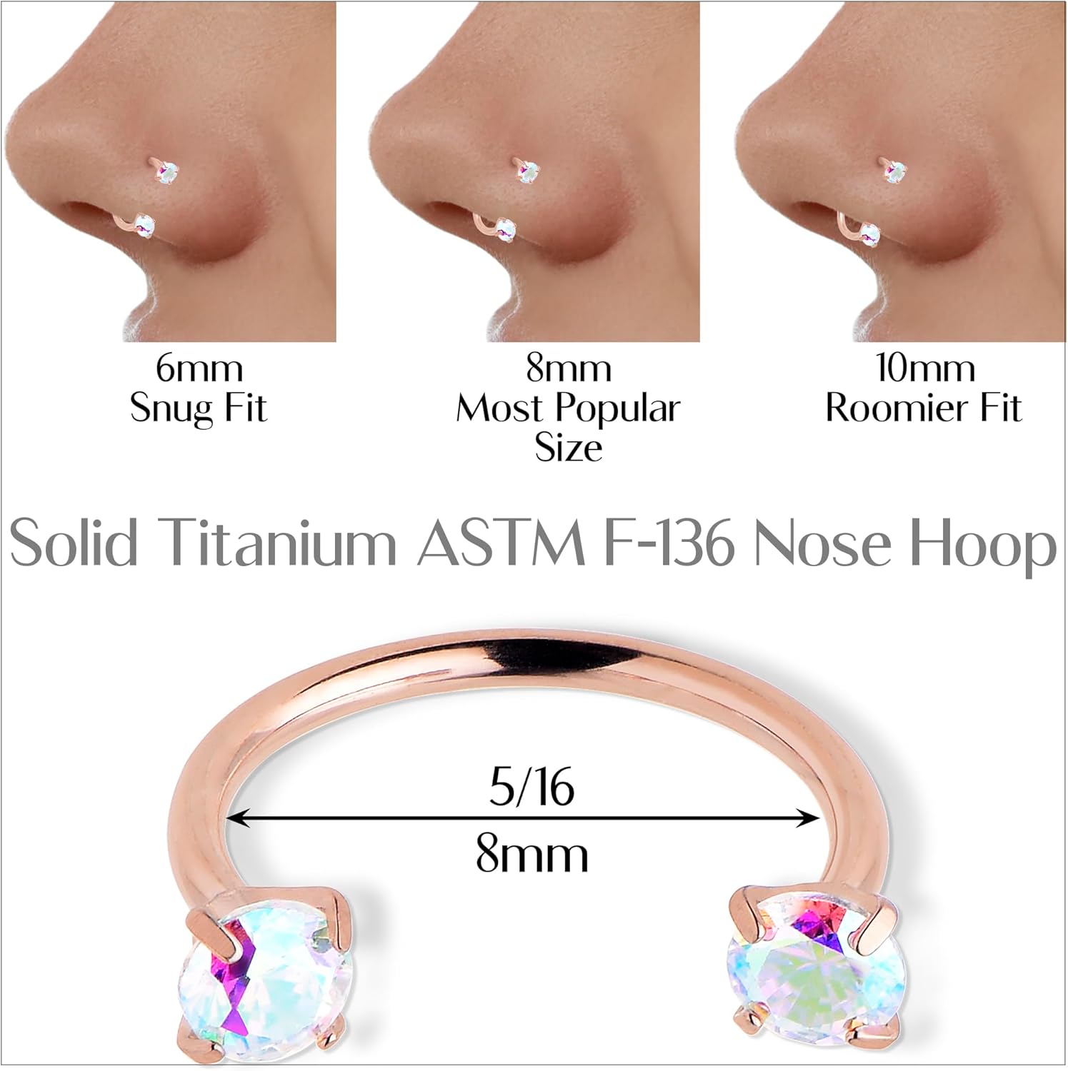 Internally Threaded Titanium Horseshoe Nose Ring with CZ Gems - Hypoallergenic & Lightweight