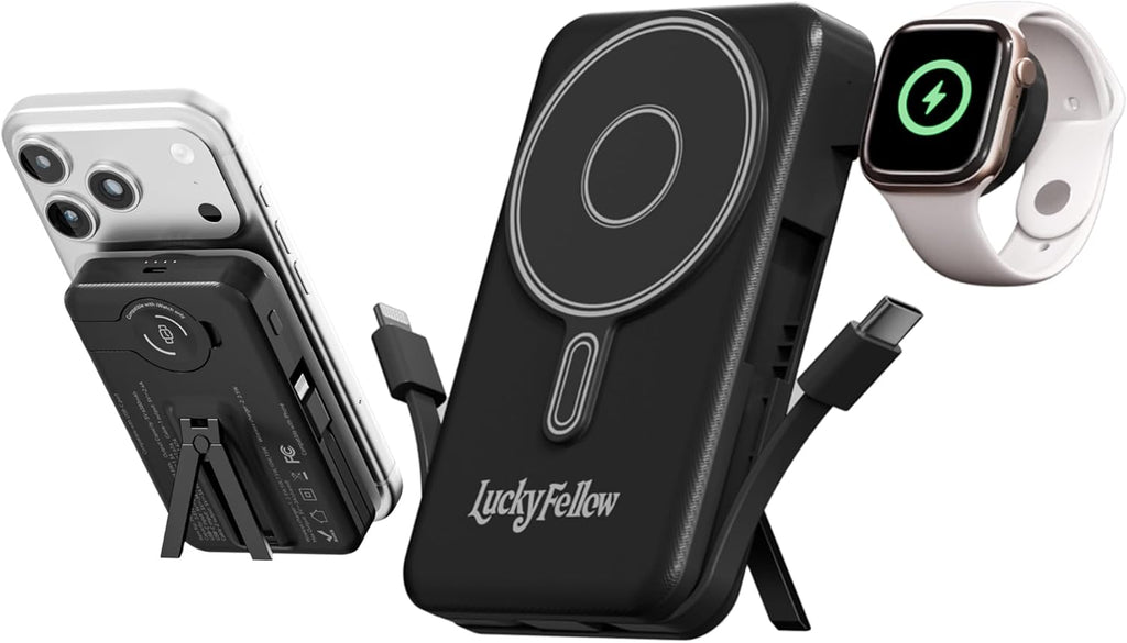 Magnetic Portable Charger with Built-in Cables, 10000mAh Fast Wireless Charging Station & Power Bank