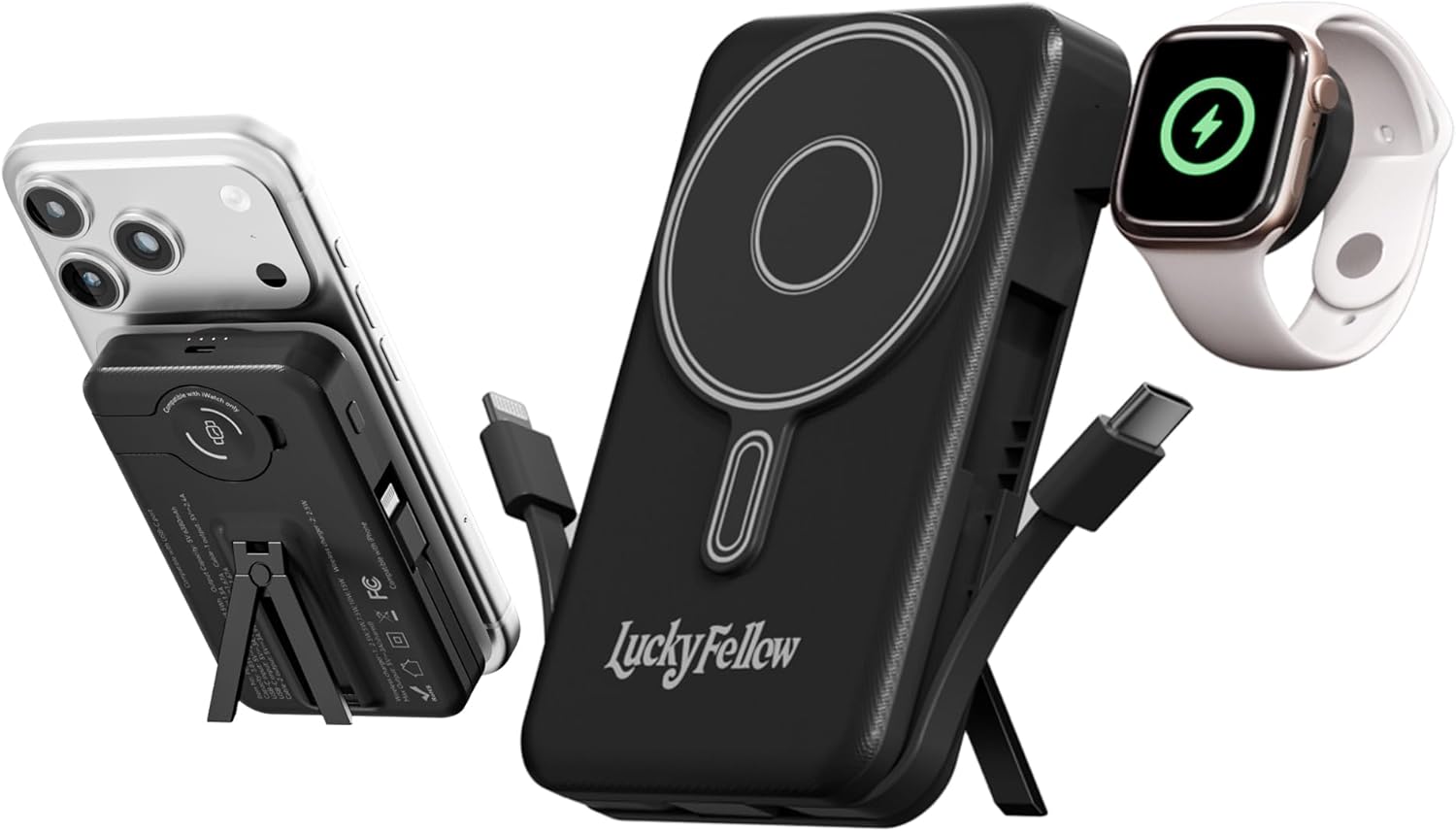 Magnetic Portable Charger with Built-in Cables, 10000mAh Fast Wireless Charging Station & Power Bank