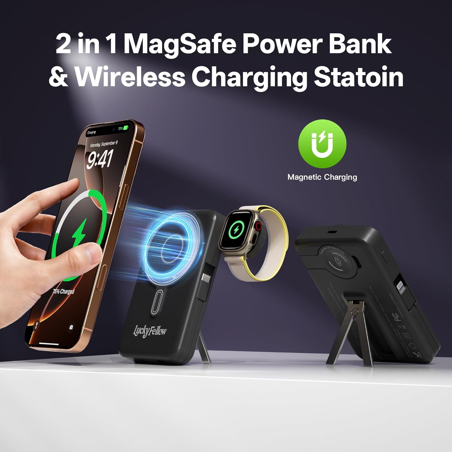 Magnetic Portable Charger with Built-in Cables, 10000mAh Fast Wireless Charging Station & Power Bank