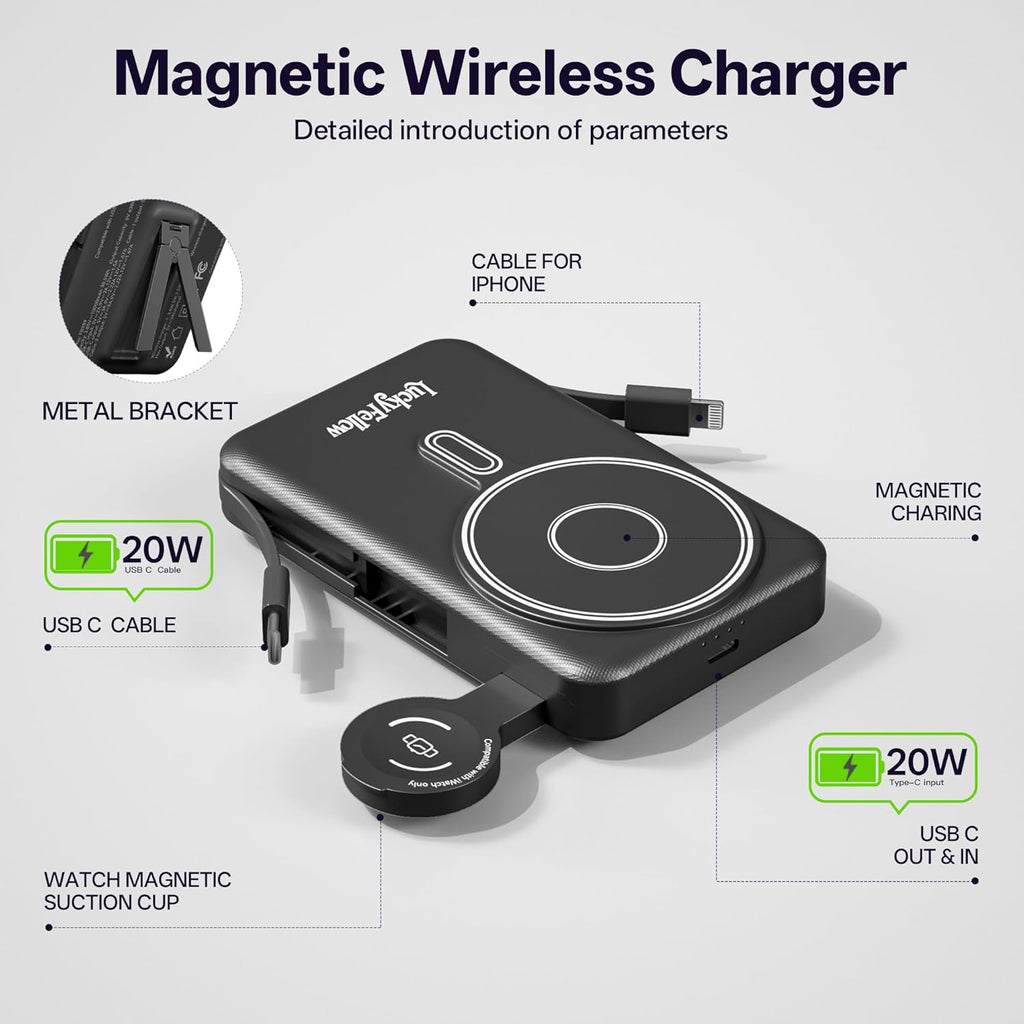 Magnetic Portable Charger with Built-in Cables, 10000mAh Fast Wireless Charging Station & Power Bank