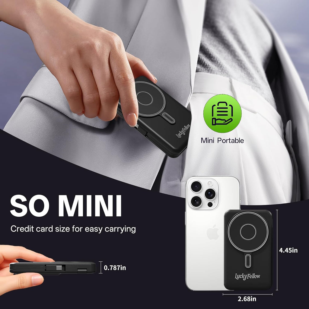 Magnetic Portable Charger with Built-in Cables, 10000mAh Fast Wireless Charging Station & Power Bank