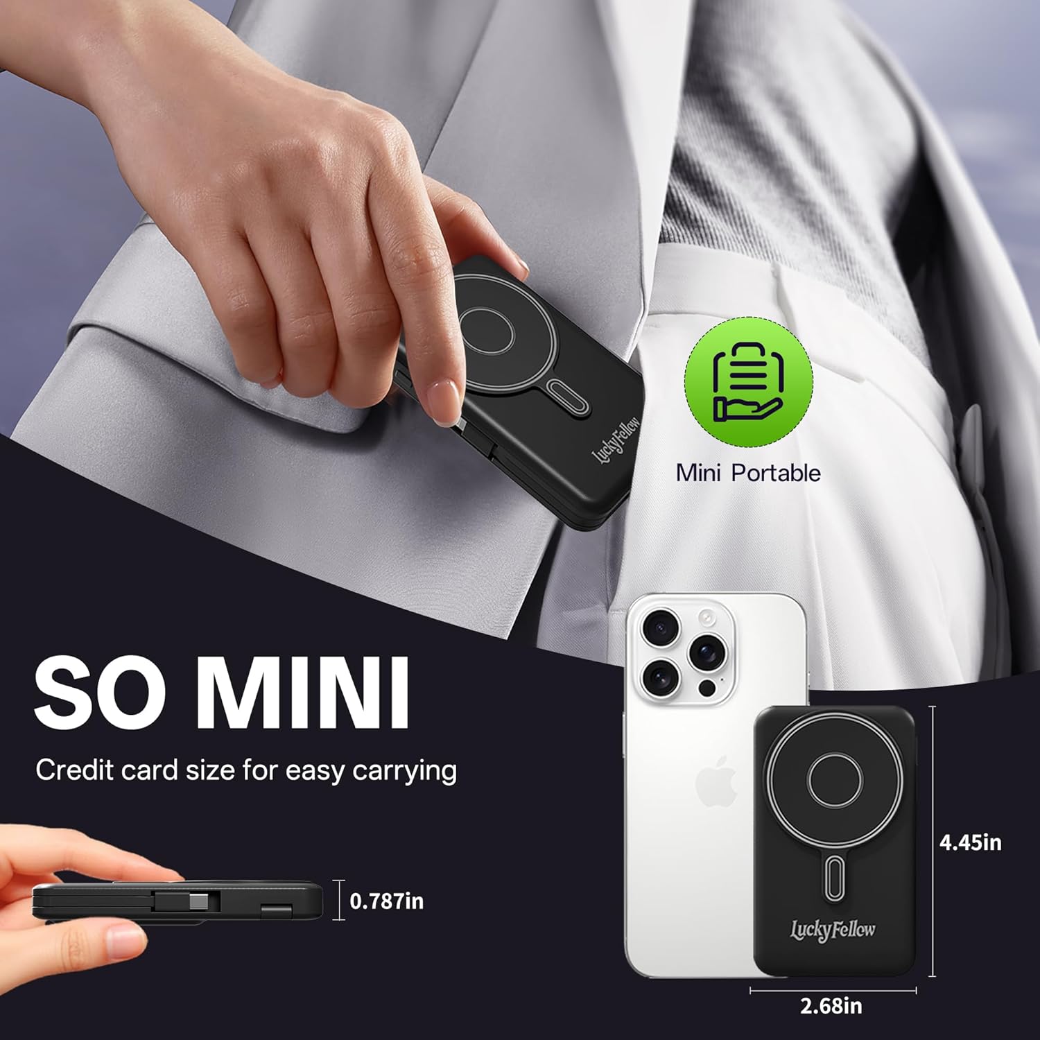 Magnetic Portable Charger with Built-in Cables, 10000mAh Fast Wireless Charging Station & Power Bank