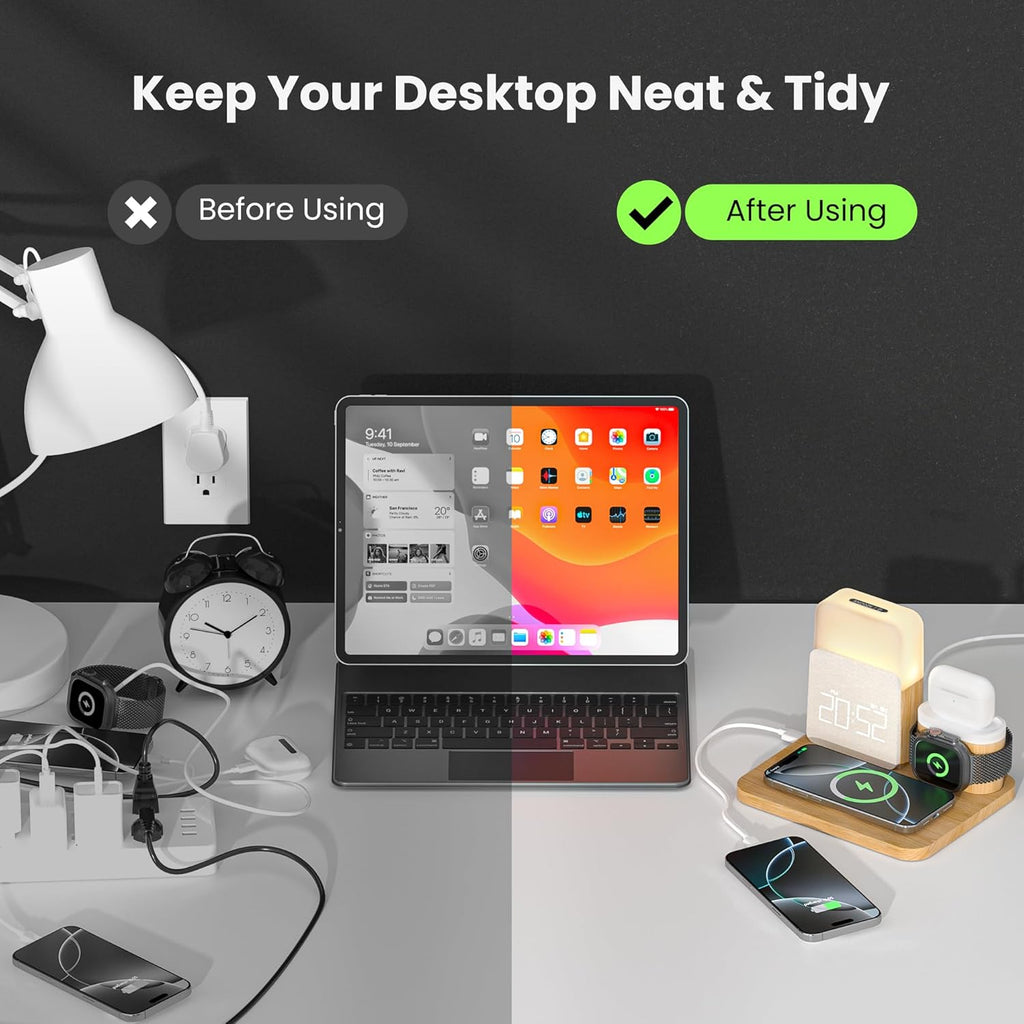 7-in-1 Wireless Charging Station with Alarm Clock and Night Light