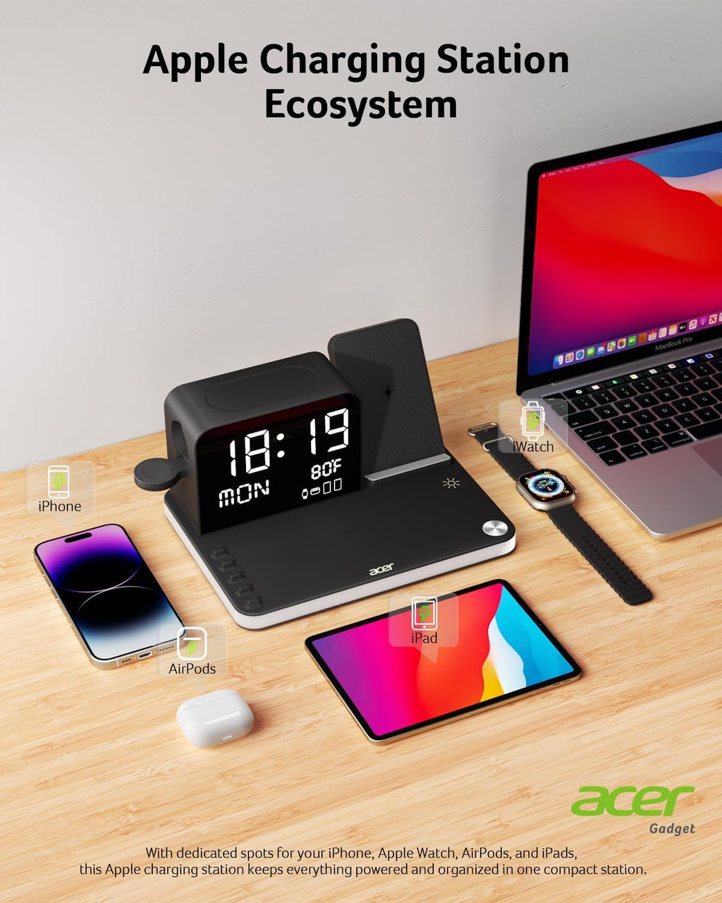 7-in-1 Wireless Charging Station with Bluetooth Clock & Ambient Lighting