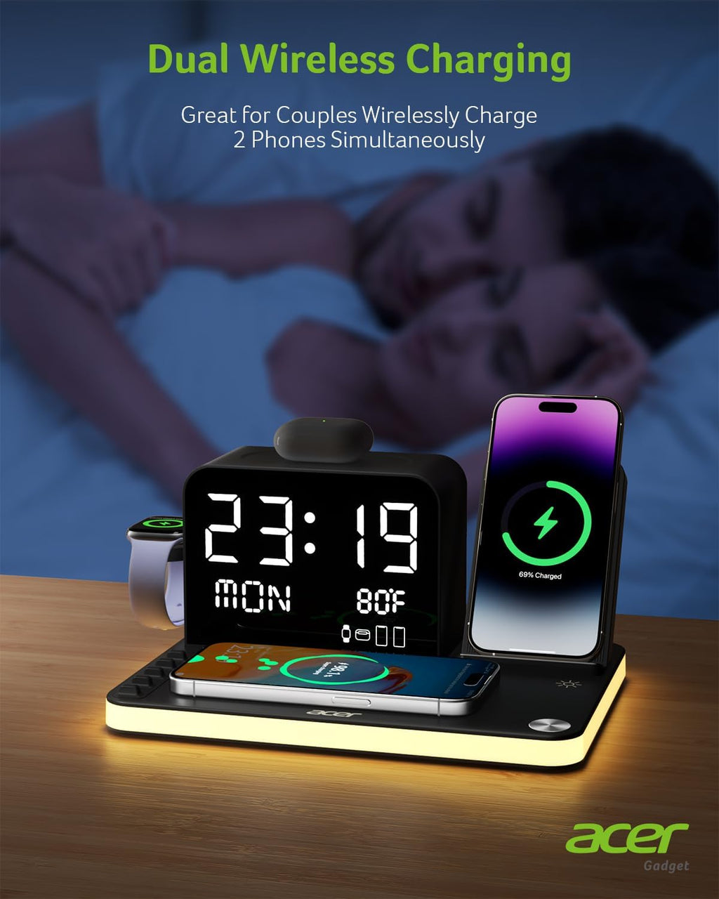 7-in-1 Wireless Charging Station with Bluetooth Clock & Ambient Lighting