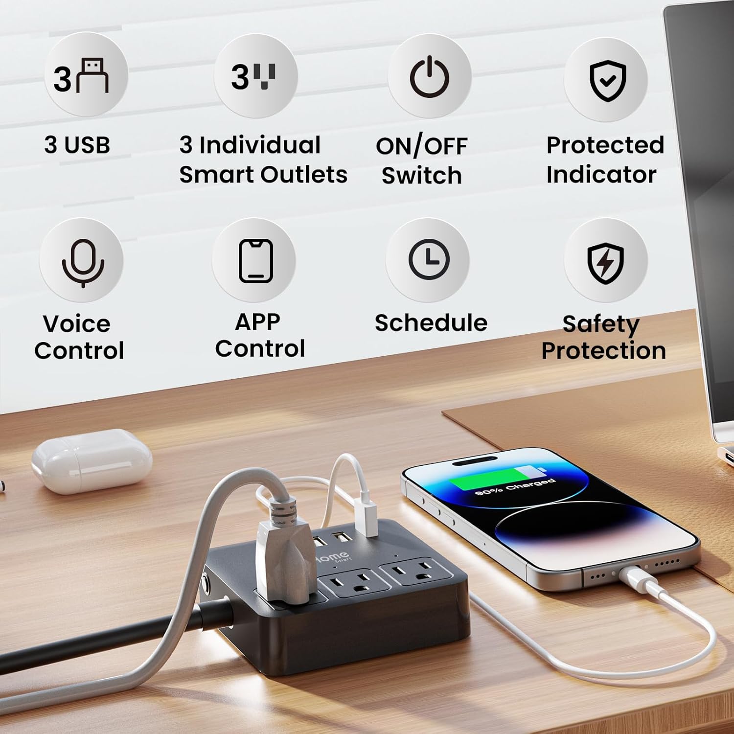 Smart Power Strip with 3 Outlets & 3 USB Ports, Voice Control, Timer, Travel-Friendly