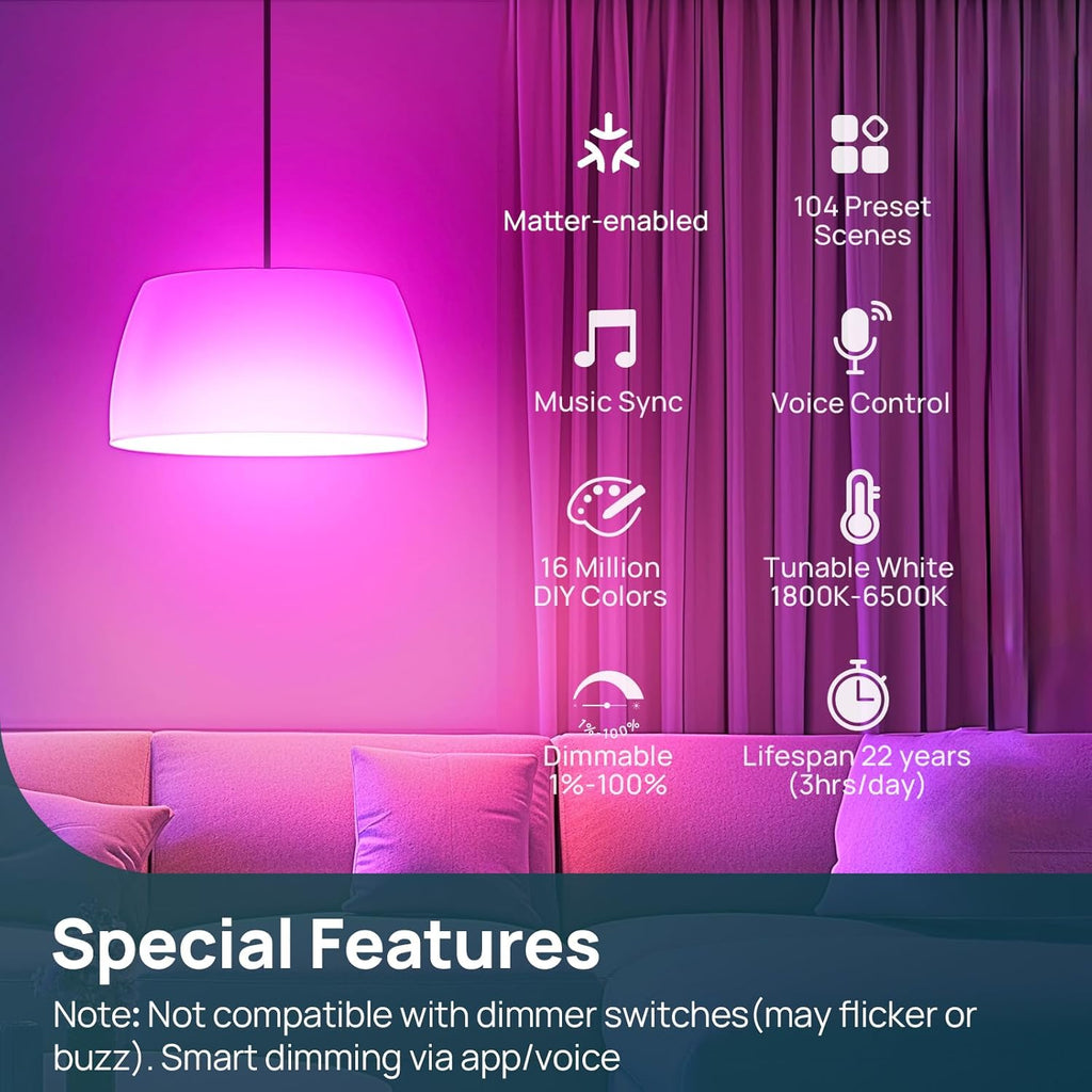 Matter Smart Light Bulb, 1600LM RGBTW Color Changing, Music Sync, Wi-Fi A21 E26, 4-Pack
