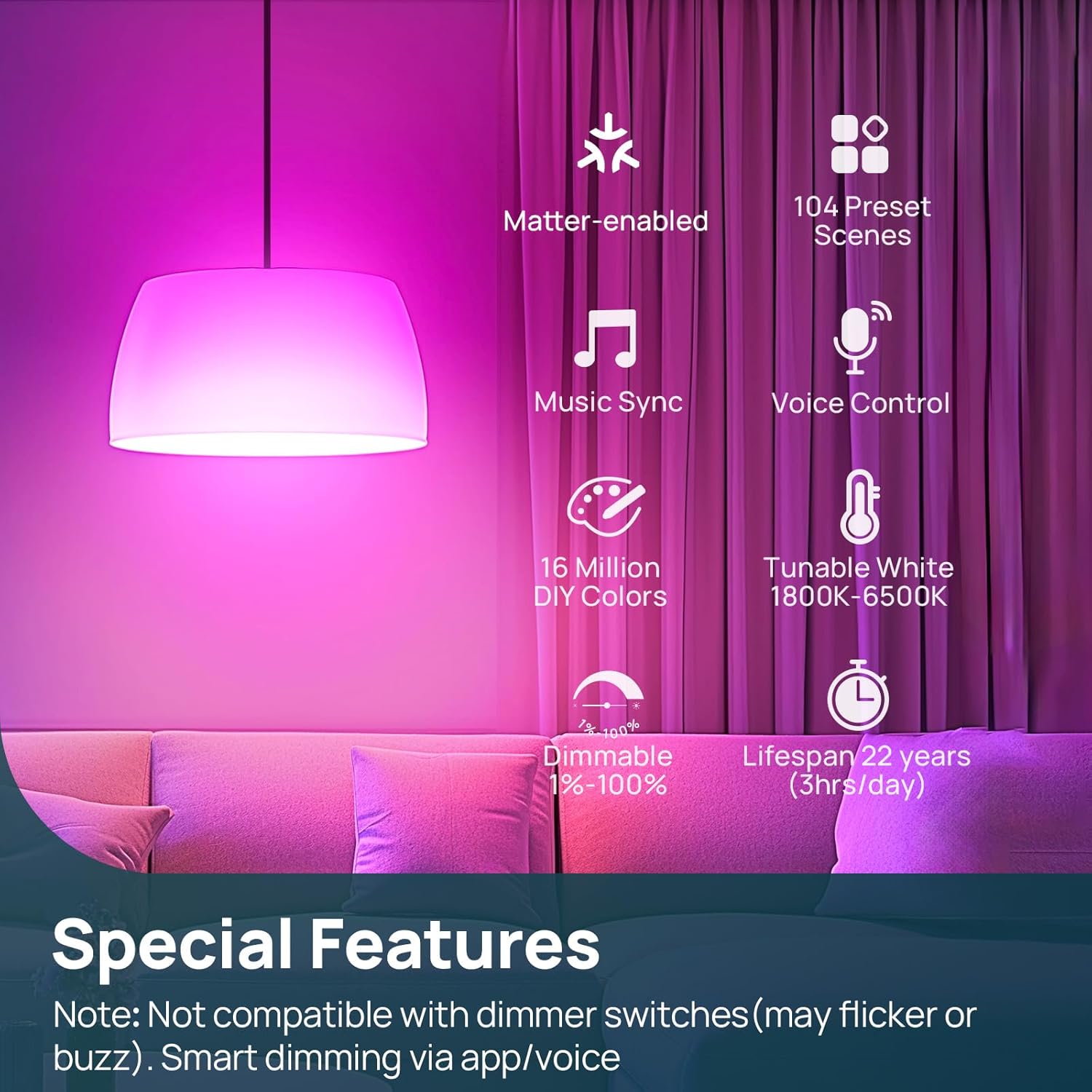 Matter Smart Light Bulb, 1600LM RGBTW Color Changing, Music Sync, Wi-Fi A21 E26, 4-Pack