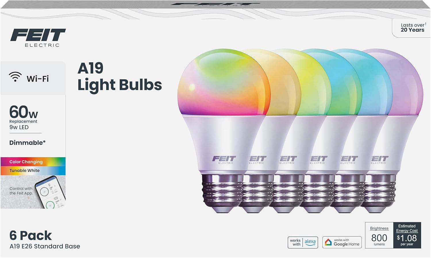 A19 Smart LED Light Bulb, 60W Equivalent, Dimmable, RGBW Color Changing, Alexa & Google Home Compatible, 2.4GHz Wi-Fi, 6-Pack