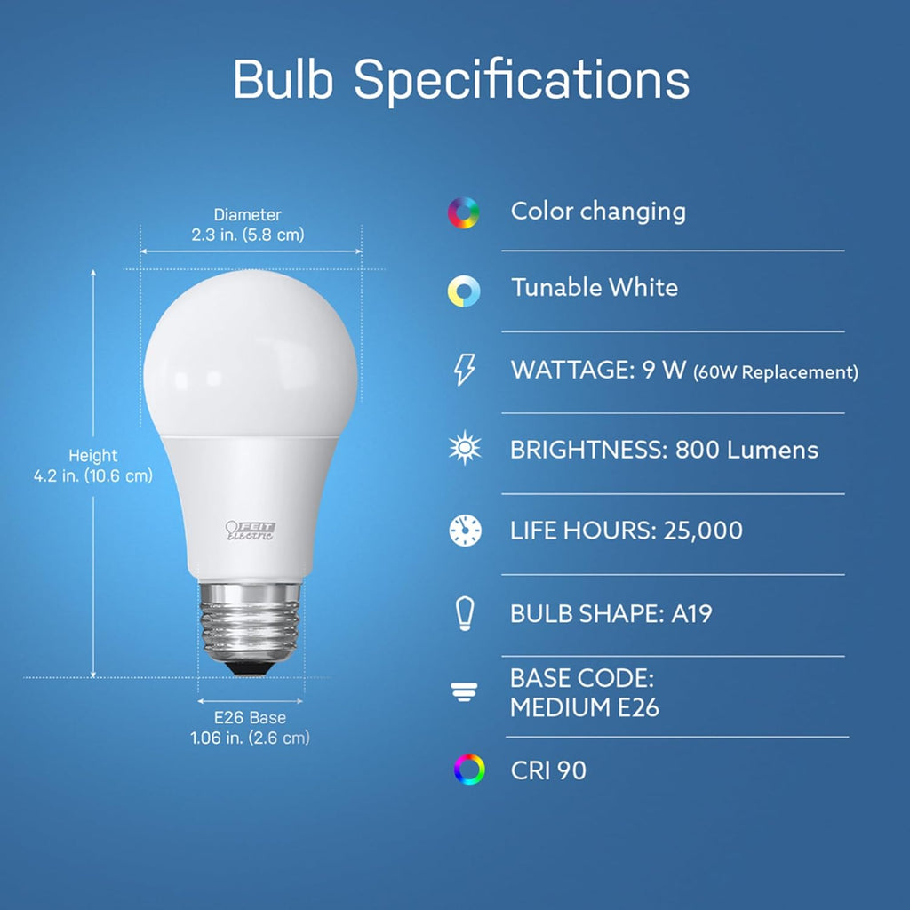 A19 Smart LED Light Bulb, 60W Equivalent, Dimmable, RGBW Color Changing, Alexa & Google Home Compatible, 2.4GHz Wi-Fi, 6-Pack