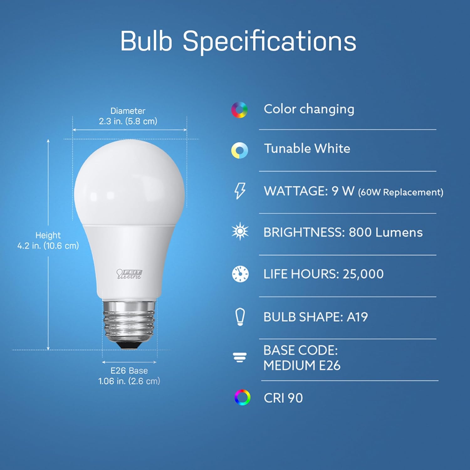 A19 Smart LED Light Bulb, 60W Equivalent, Dimmable, RGBW Color Changing, Alexa & Google Home Compatible, 2.4GHz Wi-Fi, 6-Pack