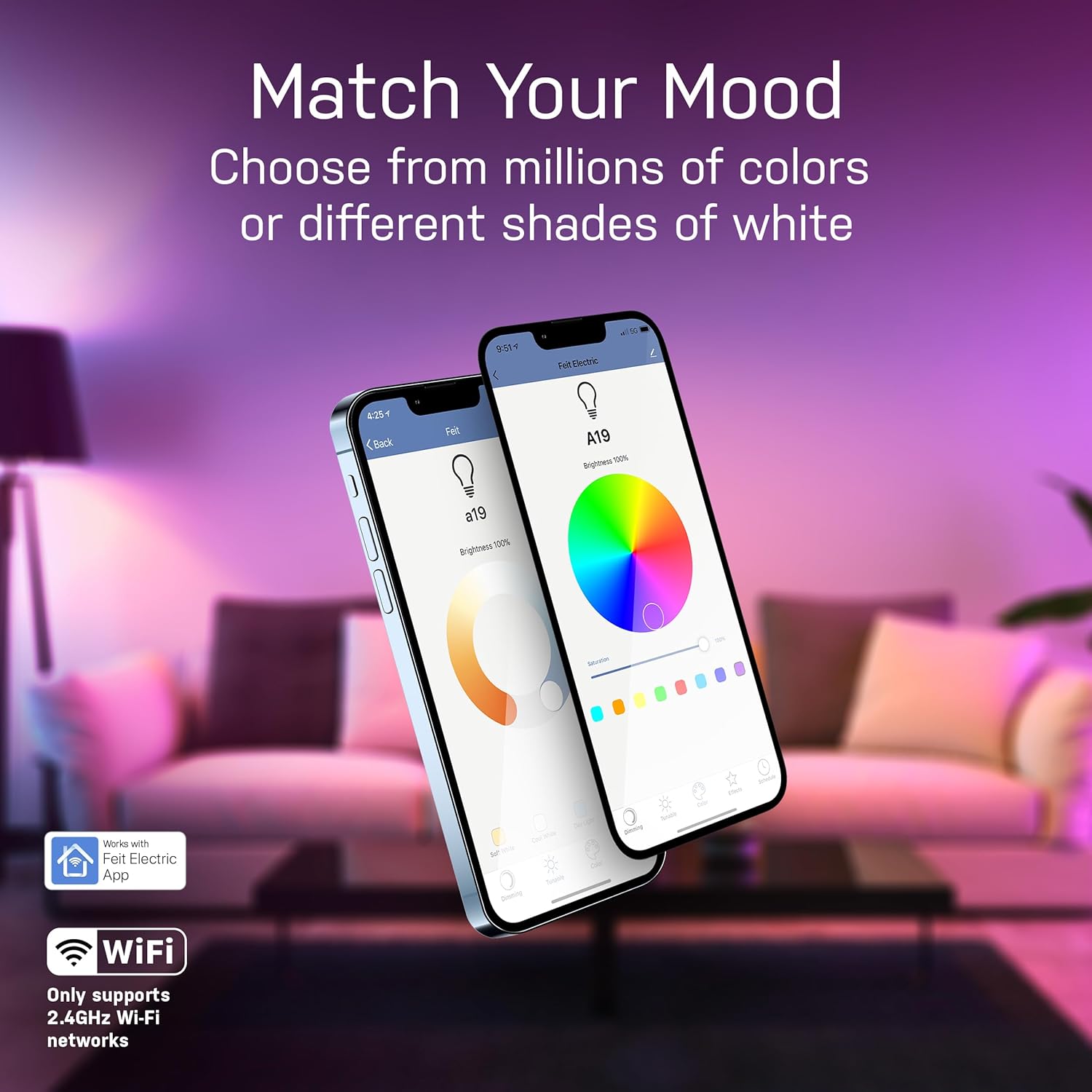 A19 Smart LED Light Bulb, 60W Equivalent, Dimmable, RGBW Color Changing, Alexa & Google Home Compatible, 2.4GHz Wi-Fi, 6-Pack