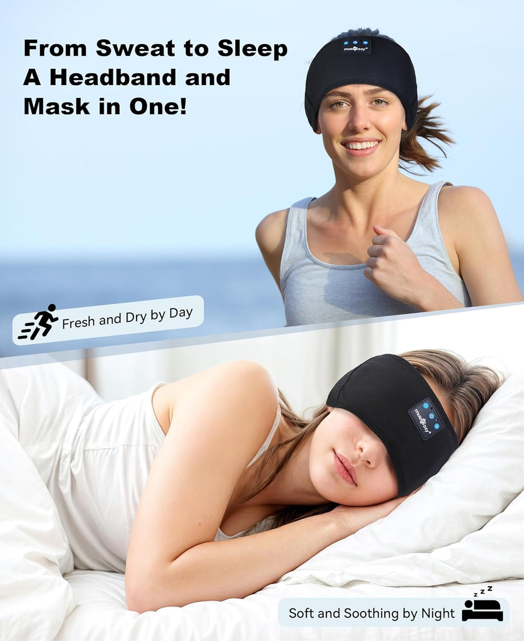 Sleep & Sports Bluetooth Headband with Ultra-Thin Speakers, 14-Hour Playtime, Sweat-Resistant
