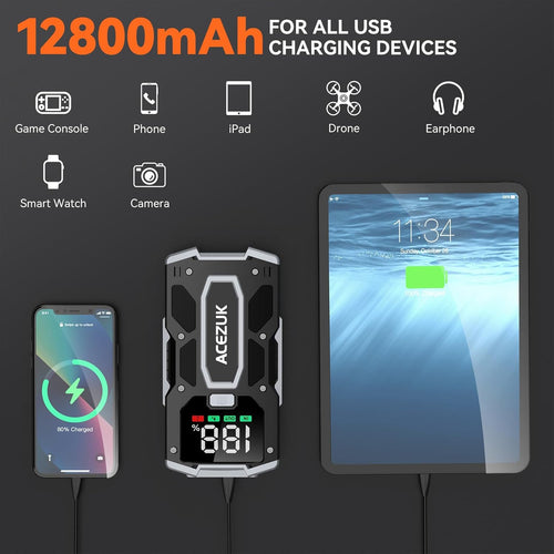 12V 8-in-1 Jump Starter Battery Pack 6000A, Up to 7.0L Gas & 5.5L Diesel Engines with Quick Charge 3.0