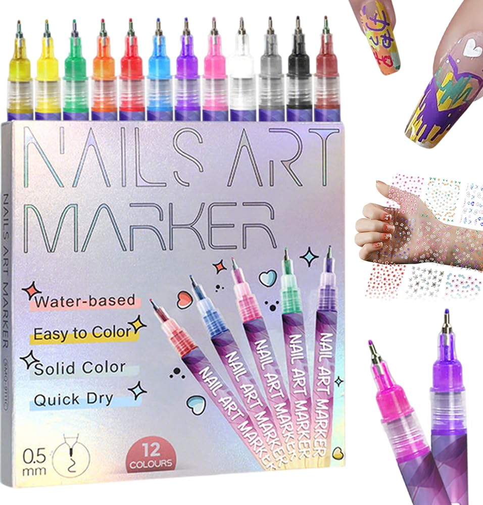 12 Colors Nail Art Pens Set with 30 Stickers, Quick Dry Acrylic Markers for DIY Dotting Drawing Painting