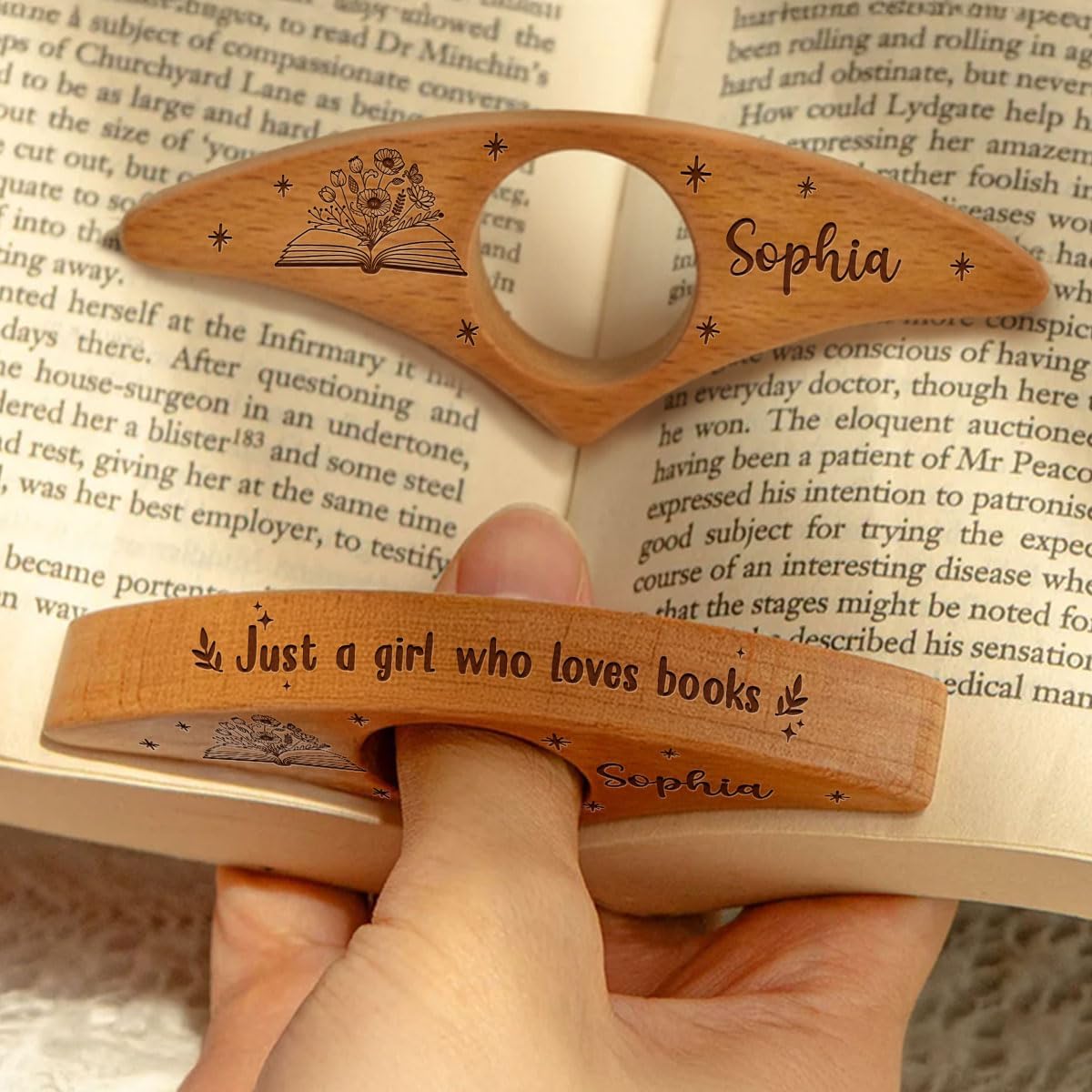 Personalized Wooden Thumb Bookmark - Ergonomic Page Holder for Hands-Free Reading