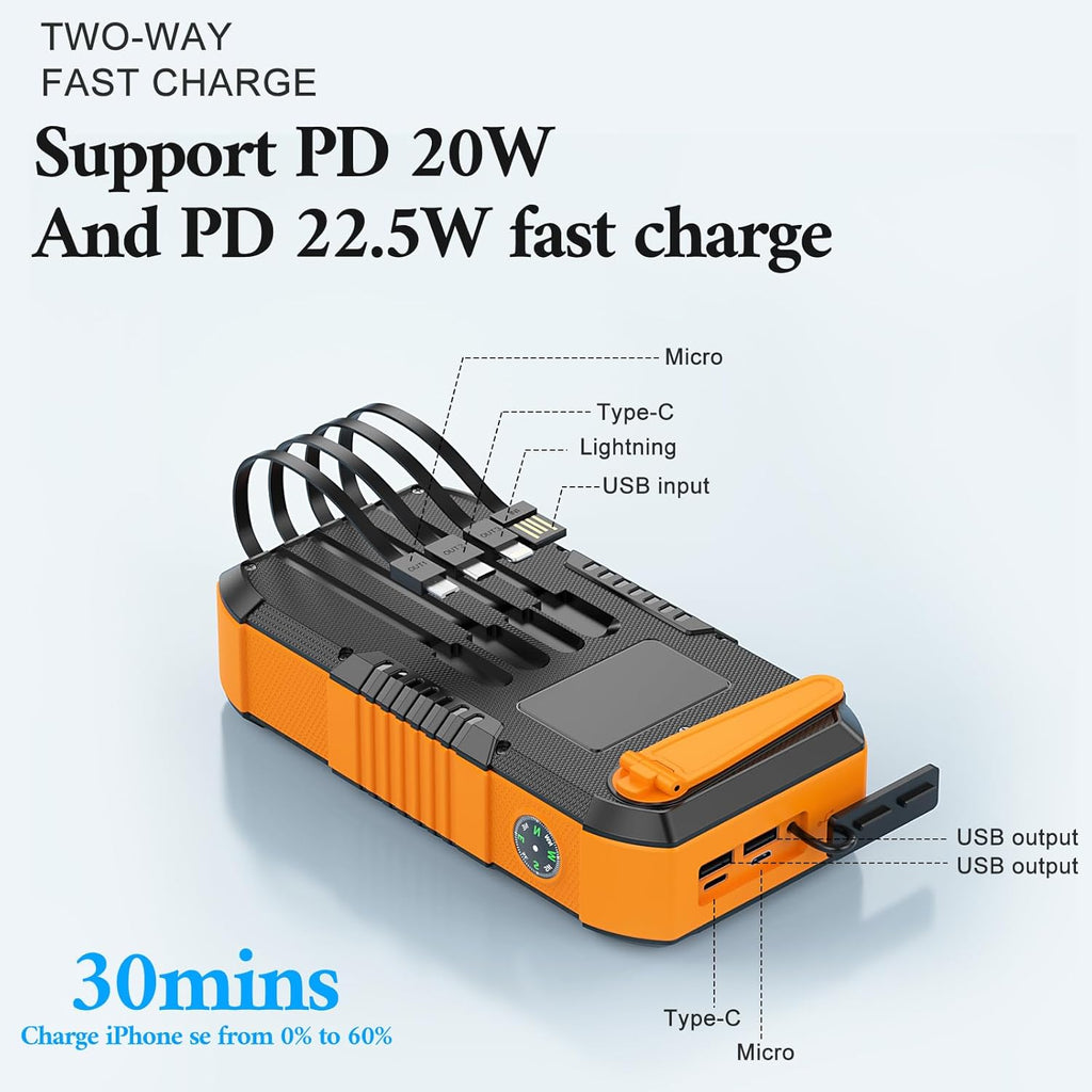 66800mAh Solar Power Bank with Hand Crank, 22.5W Fast Charging, 6 Outputs & 4 Inputs, Waterproof Outdoor Charger with Flashlight & Compass