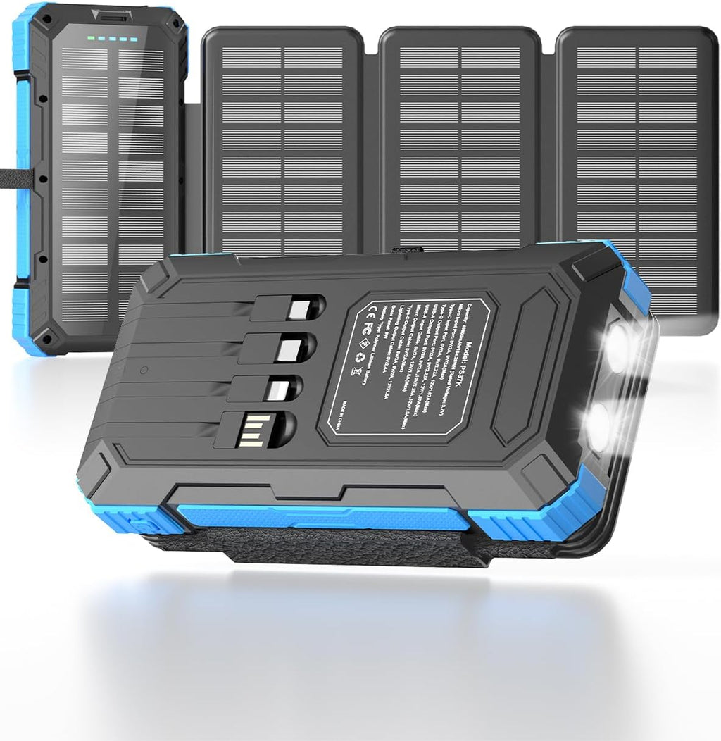 49800mAh Solar Power Bank with 4 Built-in Cables, 3 Foldable Panels & PD22.5W Fast Charging