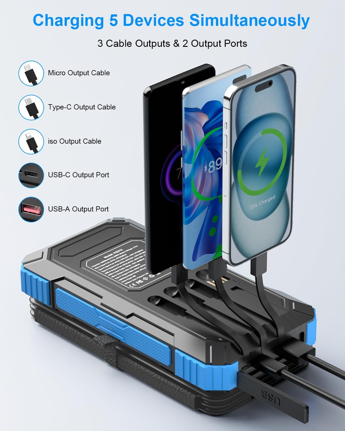 49800mAh Solar Power Bank with 4 Built-in Cables, 3 Foldable Panels & PD22.5W Fast Charging
