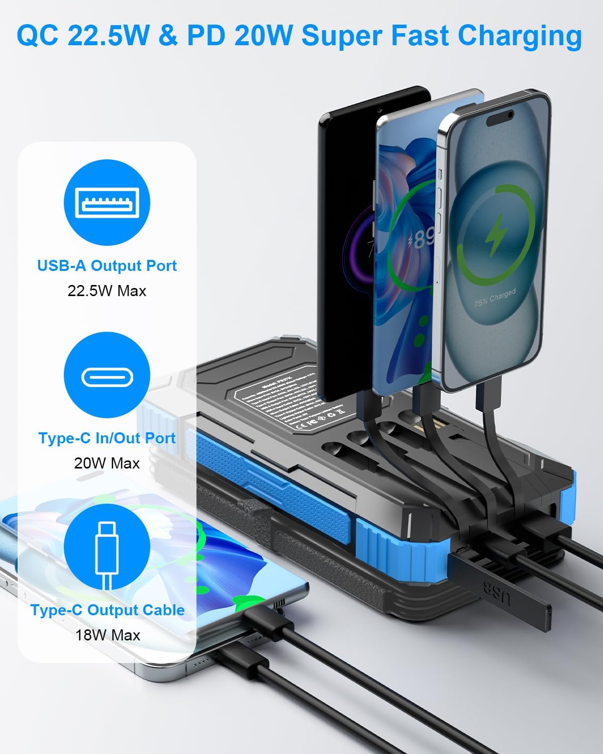 49800mAh Solar Power Bank with 4 Built-in Cables, 3 Foldable Panels & PD22.5W Fast Charging