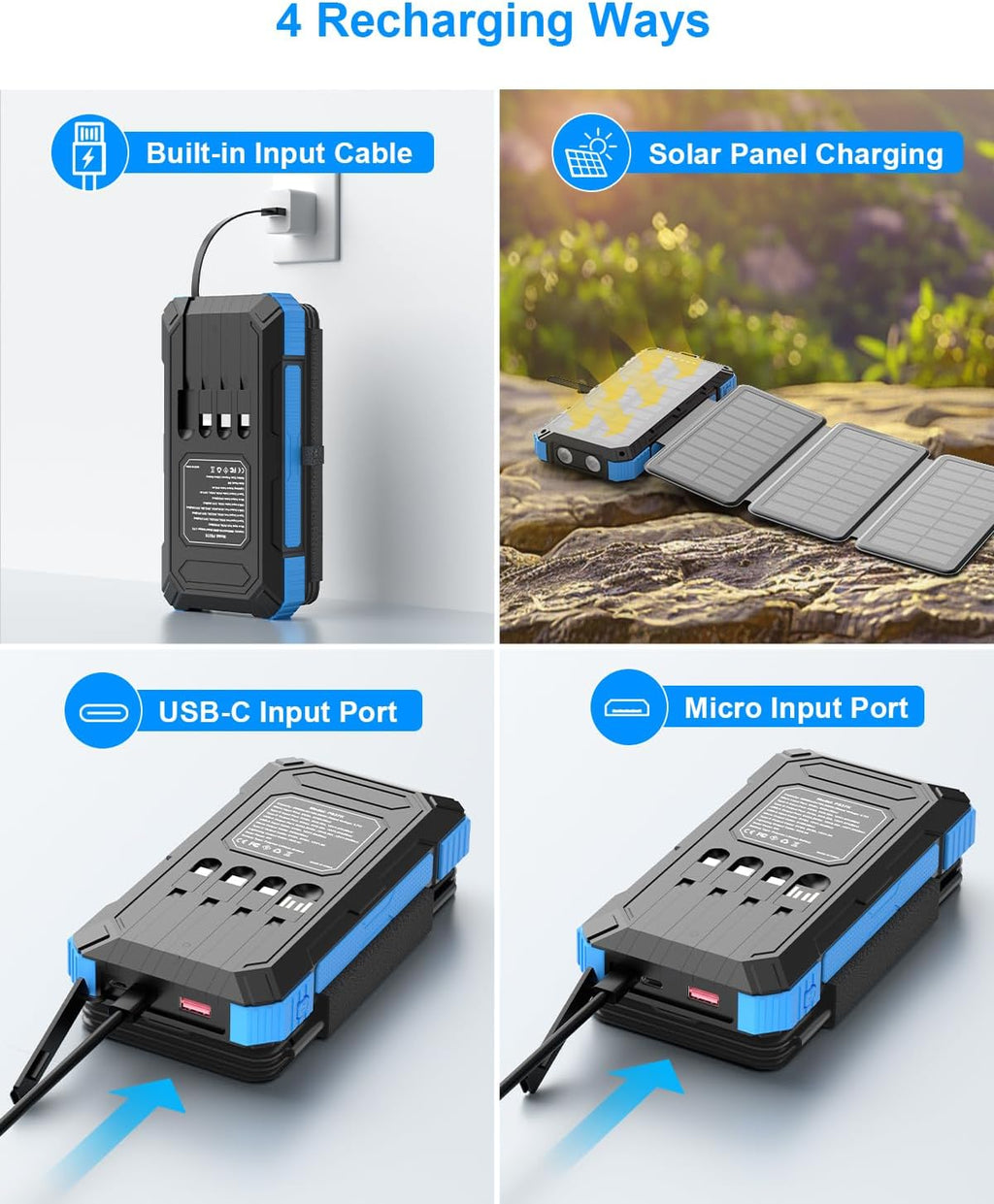 49800mAh Solar Power Bank with 4 Built-in Cables, 3 Foldable Panels & PD22.5W Fast Charging