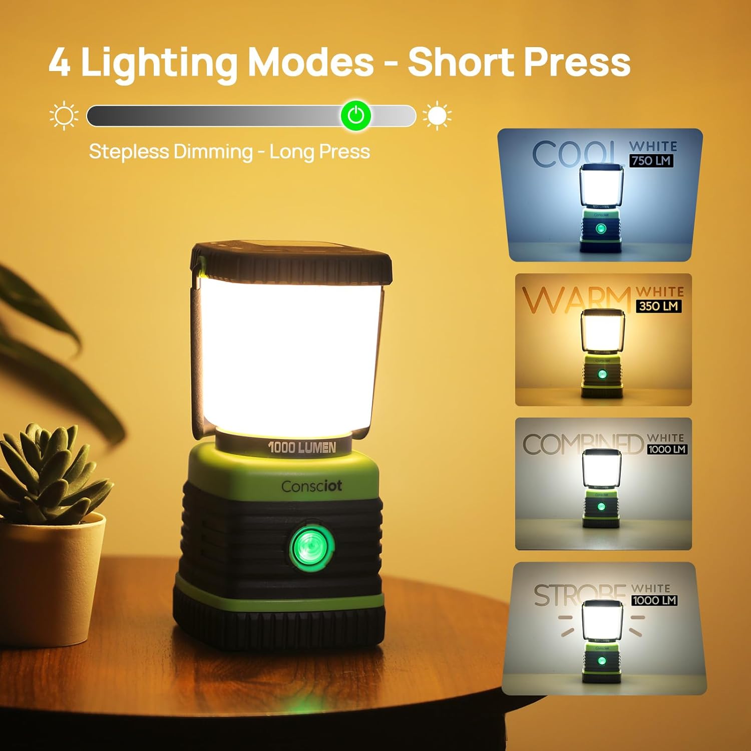 Rechargeable LED Camping Lantern, 1000LM, 4 Modes, Power Bank, IPX4 Waterproof, 2 Pack