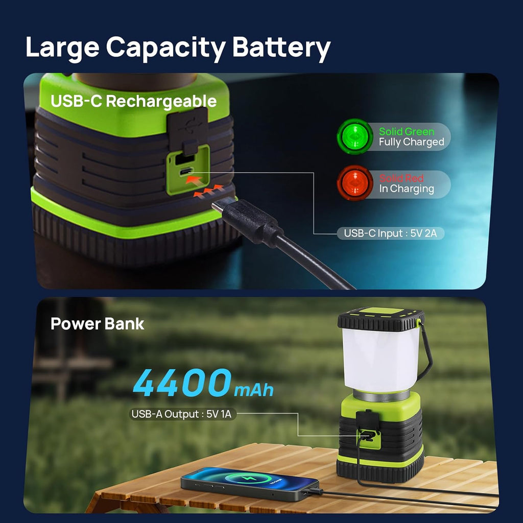 Rechargeable LED Camping Lantern, 1000LM, 4 Modes, Power Bank, IPX4 Waterproof, 2 Pack