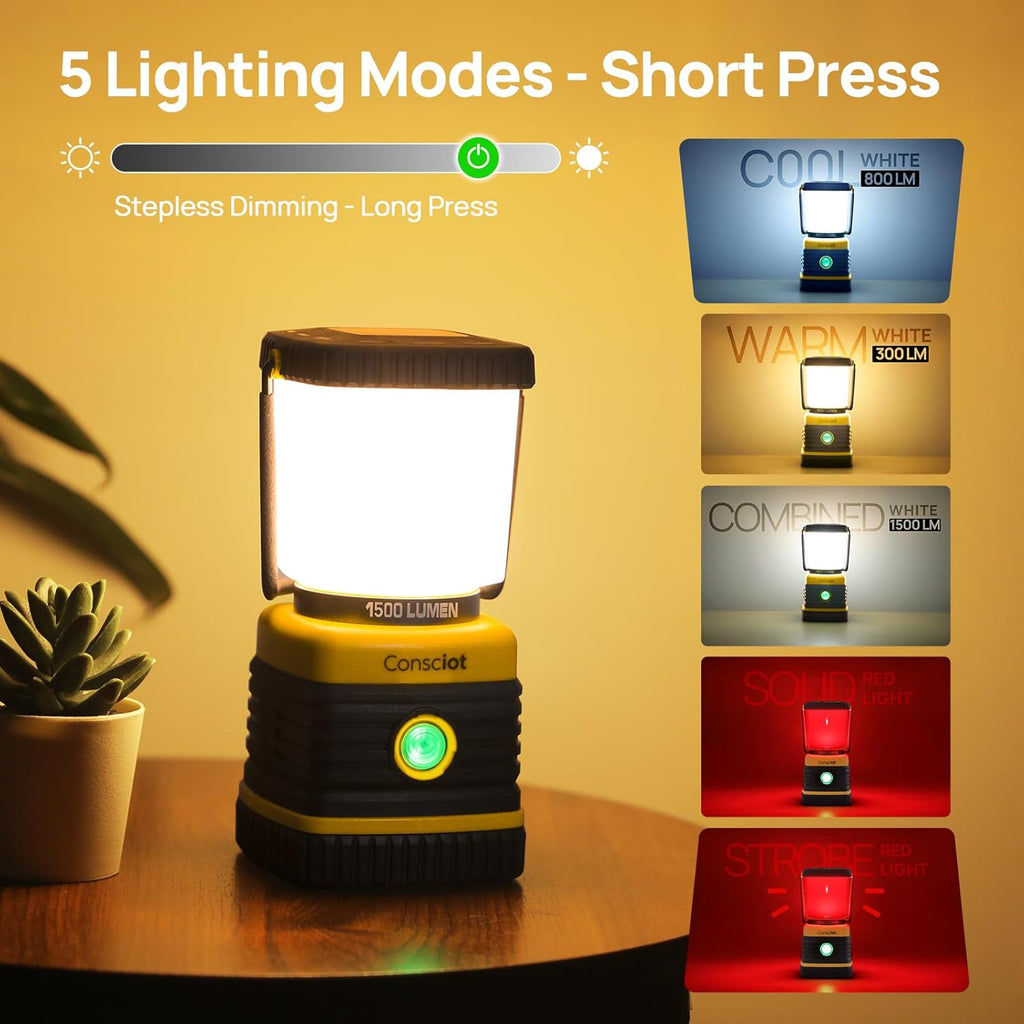 USB-C Rechargeable Camping Lantern, 1500LM, 5 Light Modes, 100H Runtime, IPX4 Waterproof