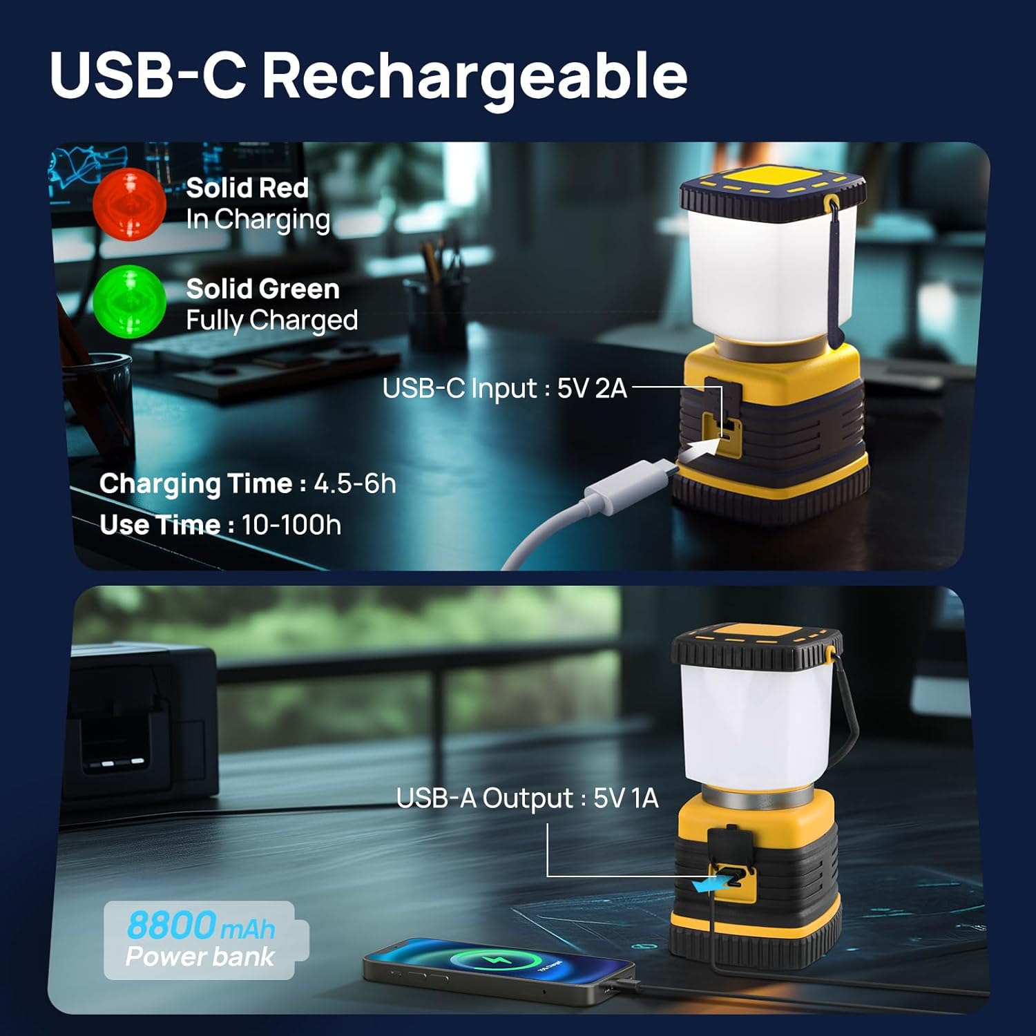 USB-C Rechargeable Camping Lantern, 1500LM, 5 Light Modes, 100H Runtime, IPX4 Waterproof