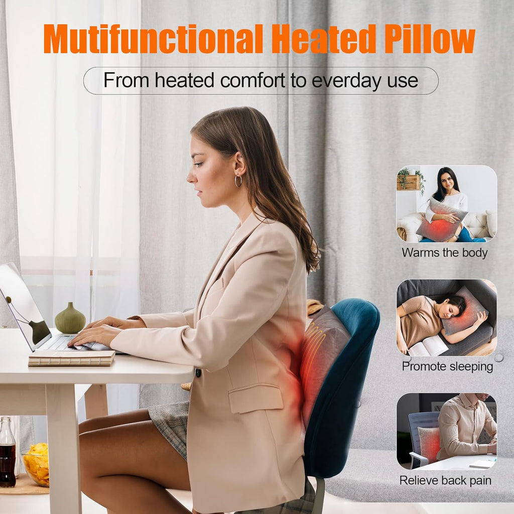 Electric Heated Lumbar Support Pillow with 3 Heat Settings, USB Powered, Machine Washable