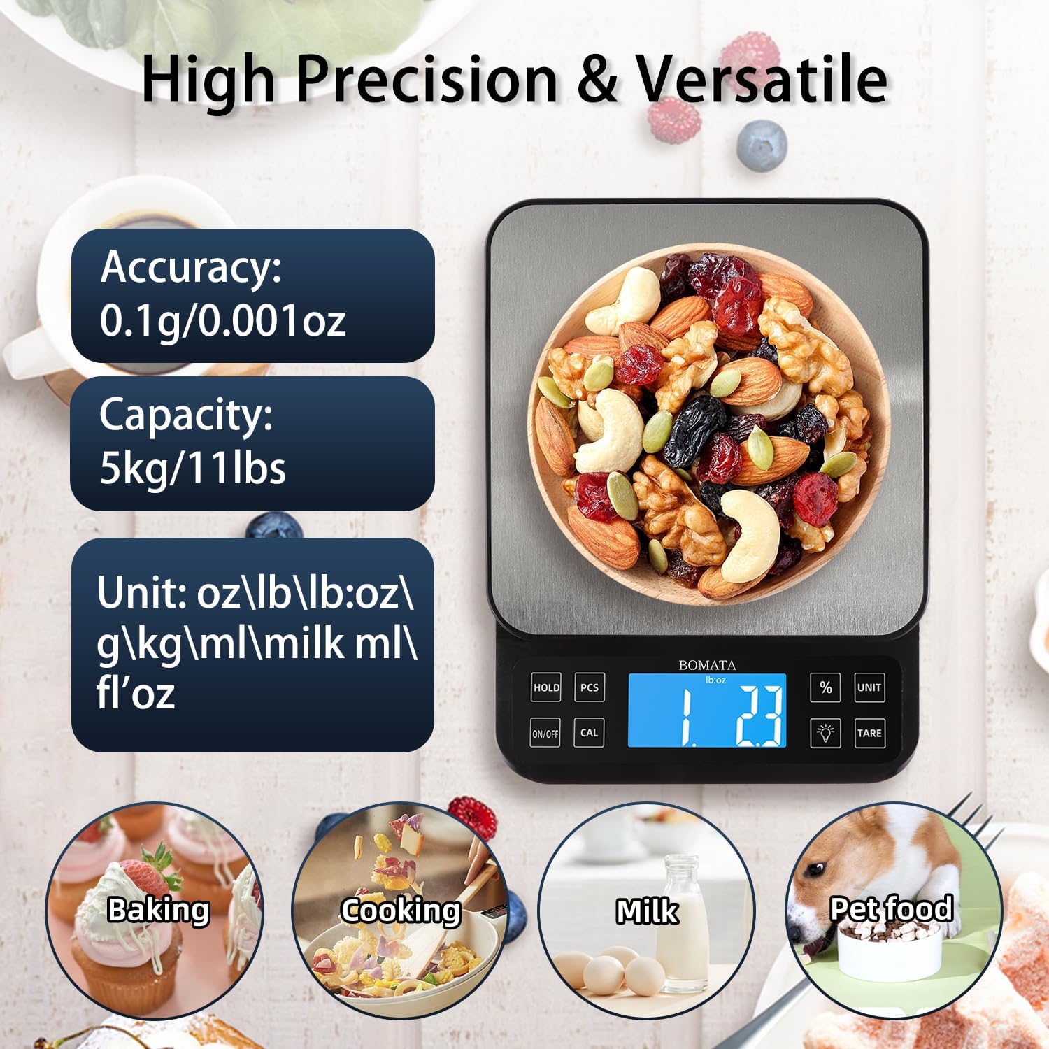 Large Kitchen Scale with 0.1g High Precision, 5kg Capacity, USB Rechargeable, Stainless Steel Pan